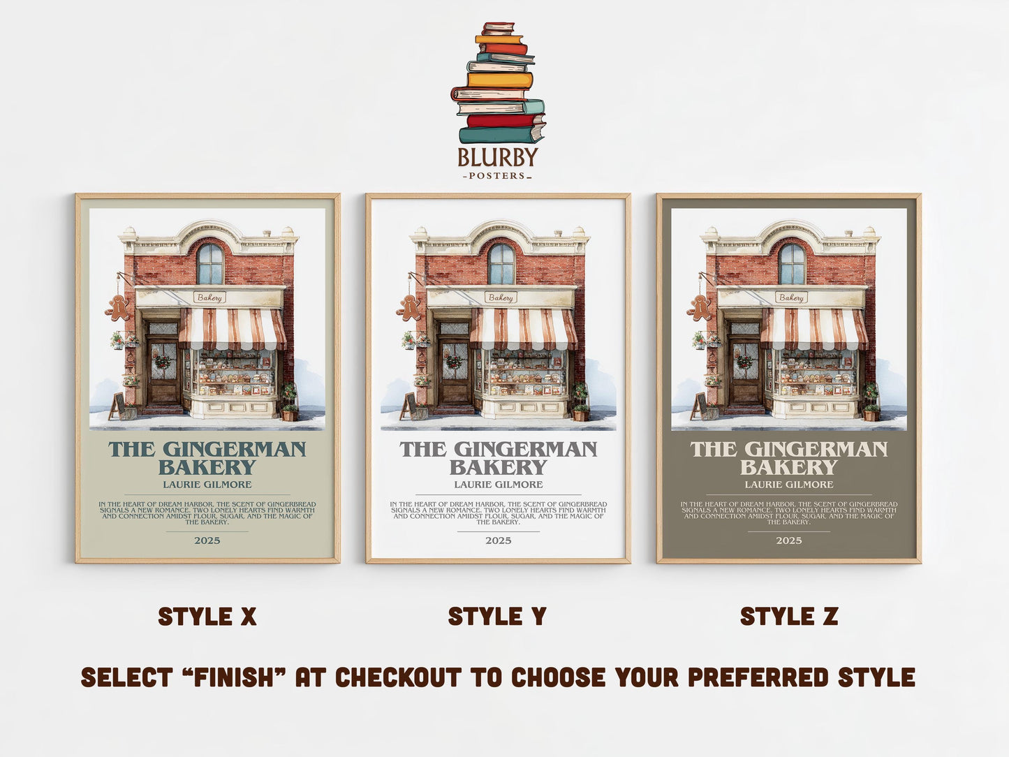 The Gingerman Bakery bookish poster colour and style options – Laurie Gilmore book art
