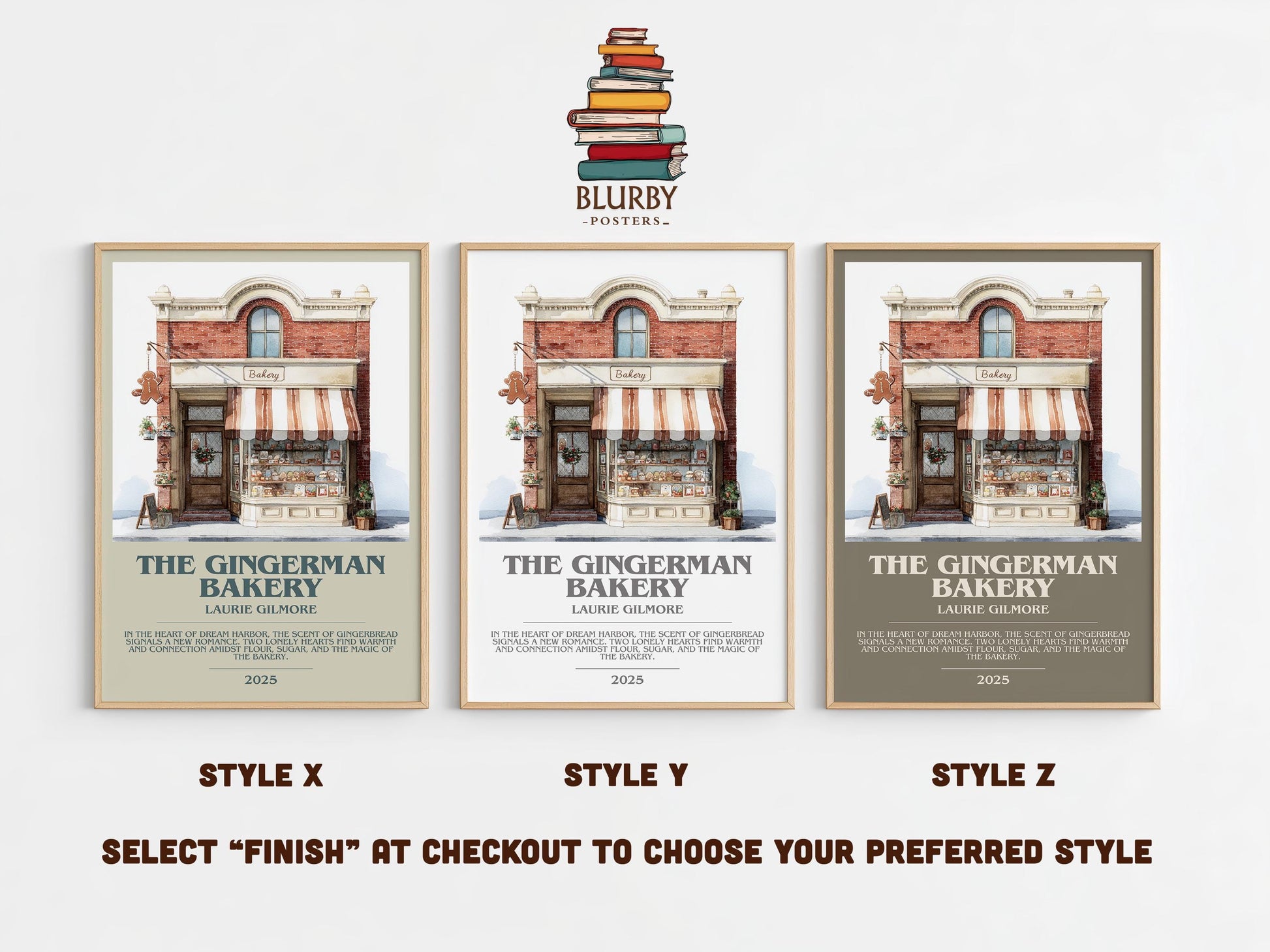 The Gingerman Bakery bookish poster colour and style options – Laurie Gilmore book art