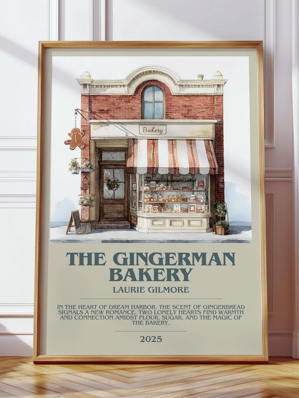 The Gingerman Bakery bookish print in frame leaning in hallway – romance wall art