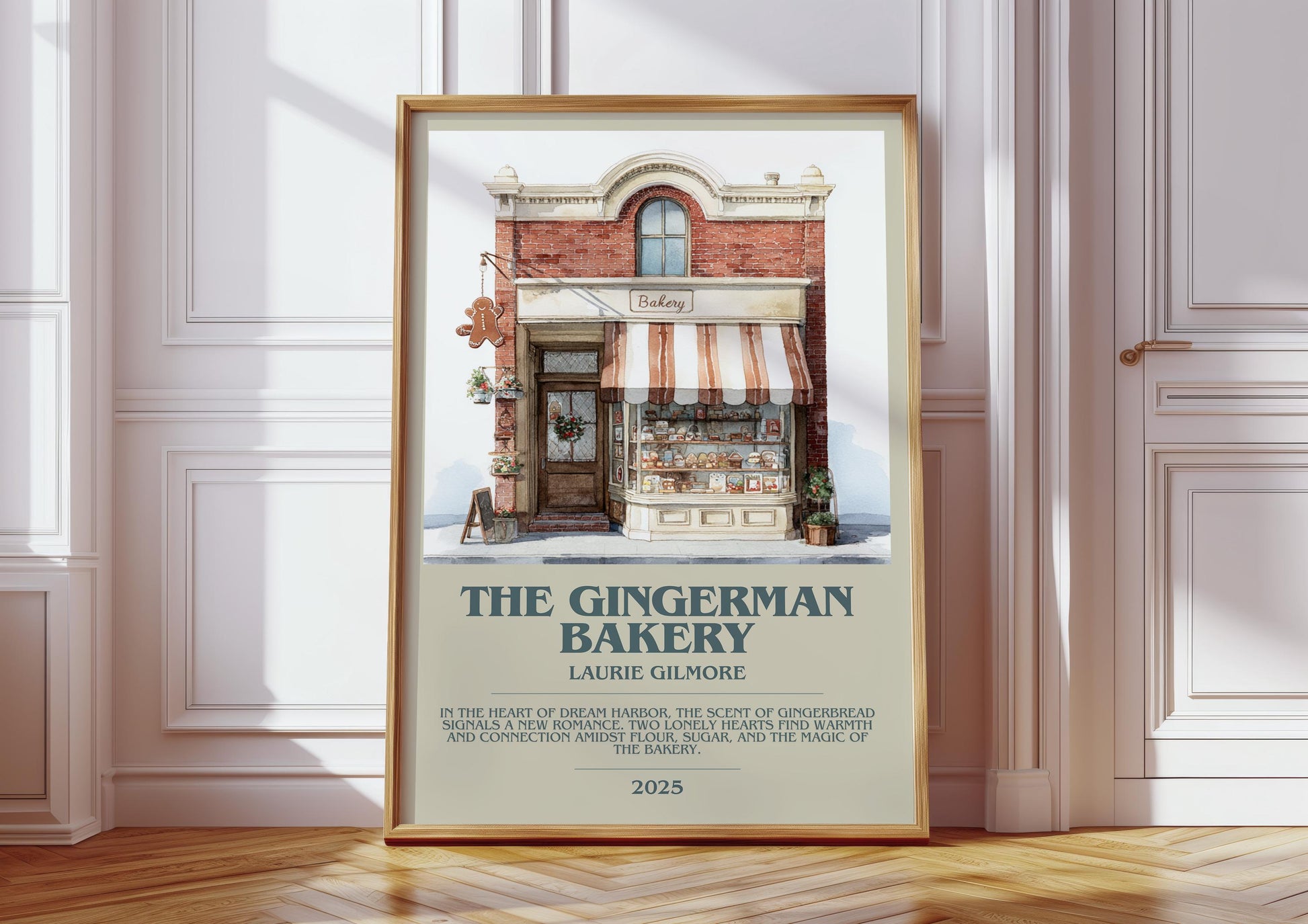 The Gingerman Bakery bookish print in frame leaning in hallway – romance wall art