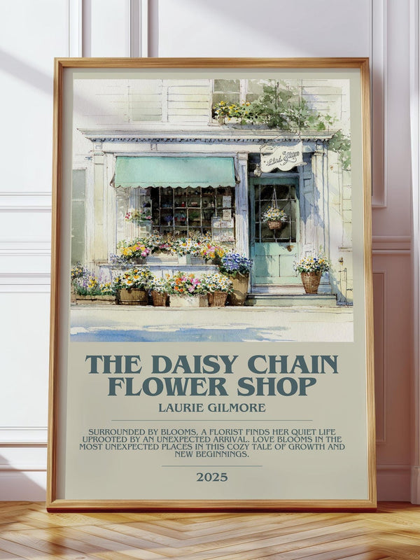 The Daisy Chain Flower Shop bookish print in frame leaning in hallway – romance wall art