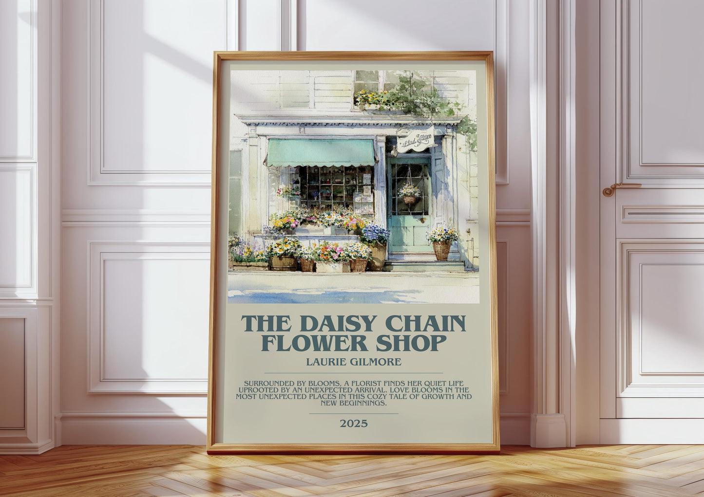 The Daisy Chain Flower Shop bookish print in frame leaning in hallway – romance wall art