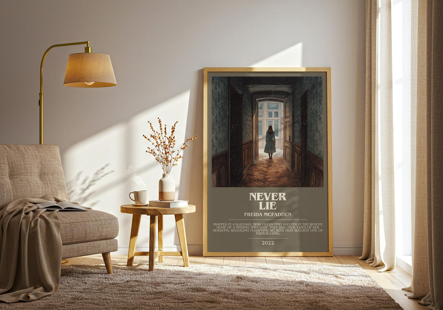 Never Lie bookish print on bookshelf – Freida McFadden fan gift