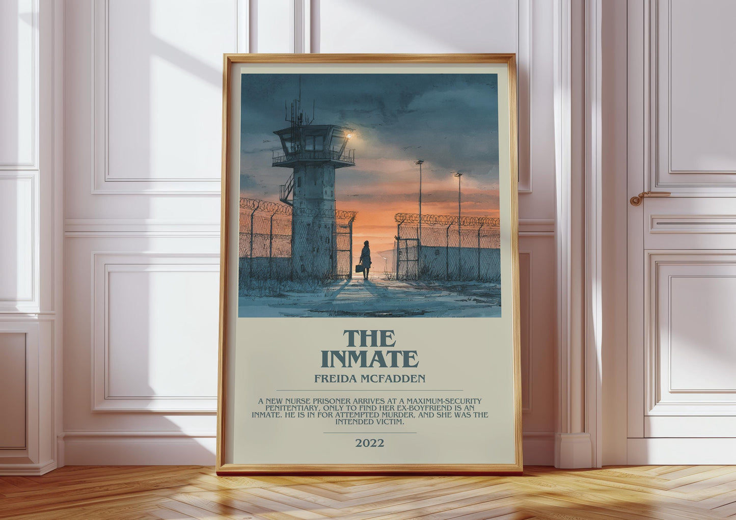 The Inmate bookish print in frame leaning in hallway – thriller wall art