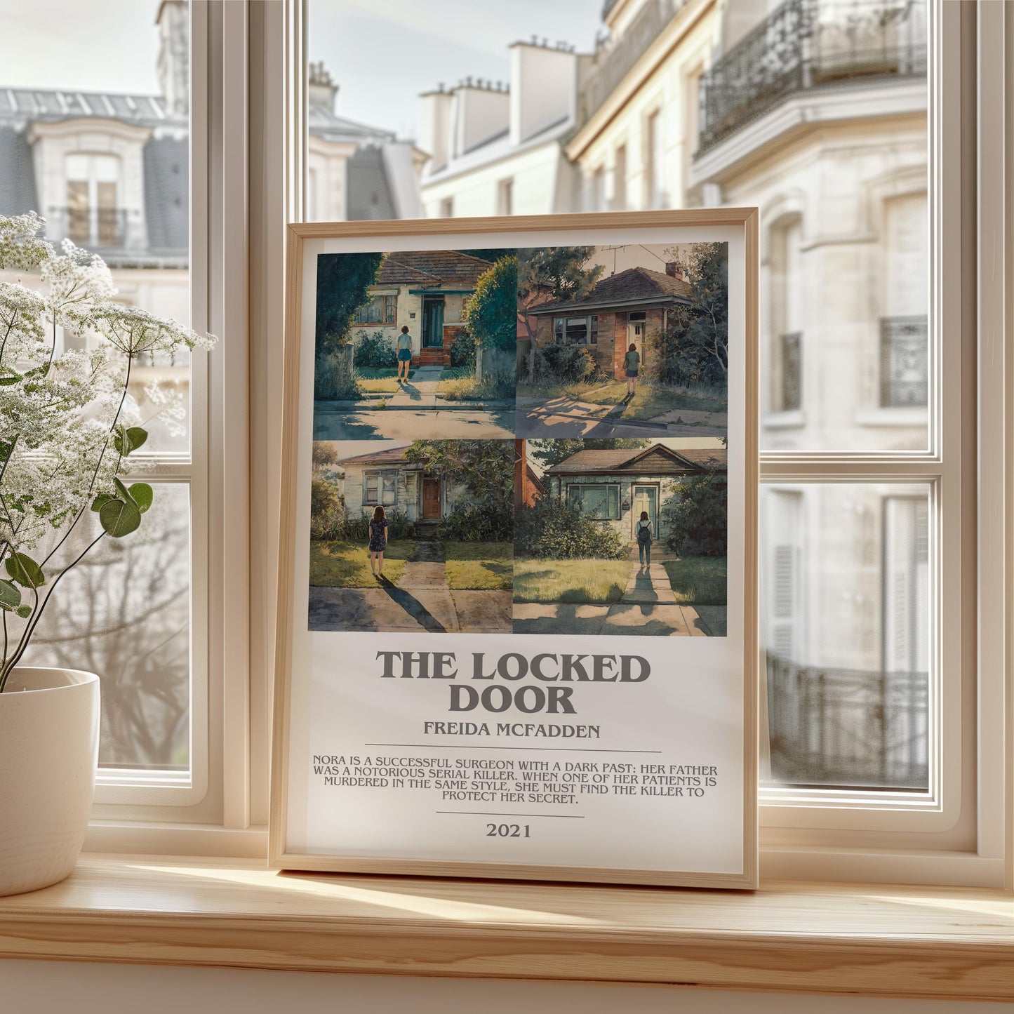 The Locked Door bookish print framed by window – literary home decor