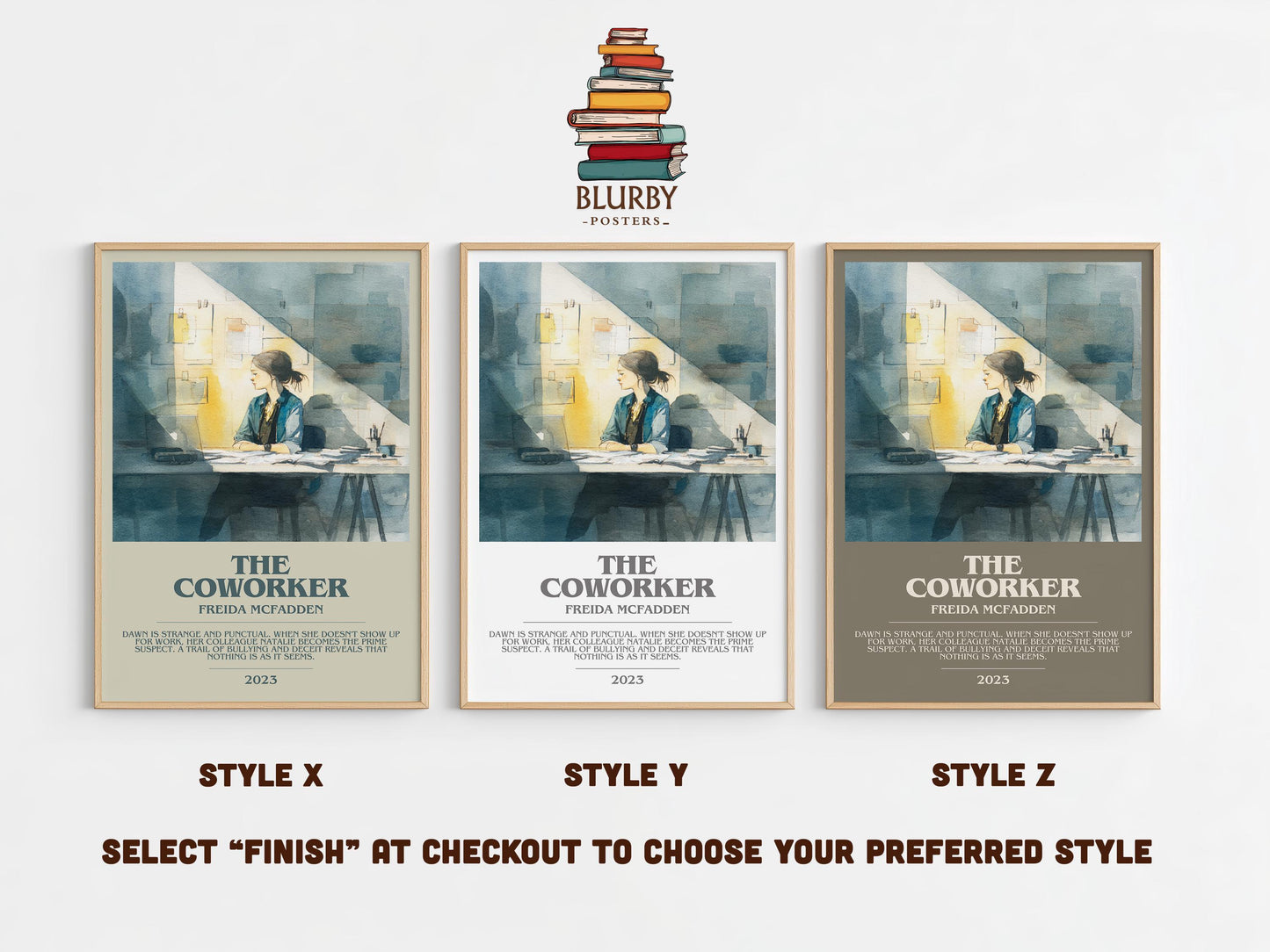 The Coworker bookish poster colour and style options – Freida McFadden book art