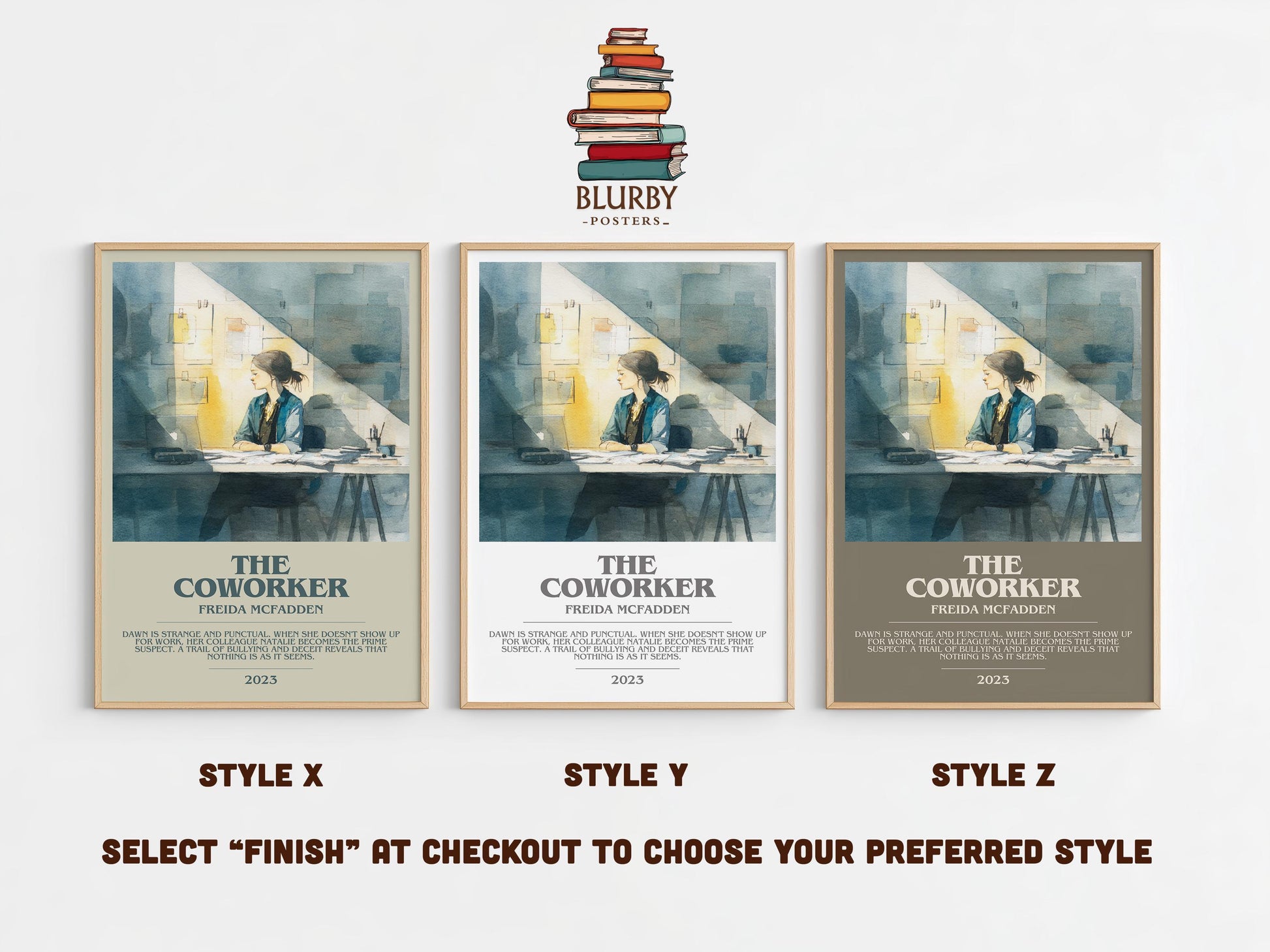 The Coworker bookish poster colour and style options – Freida McFadden book art