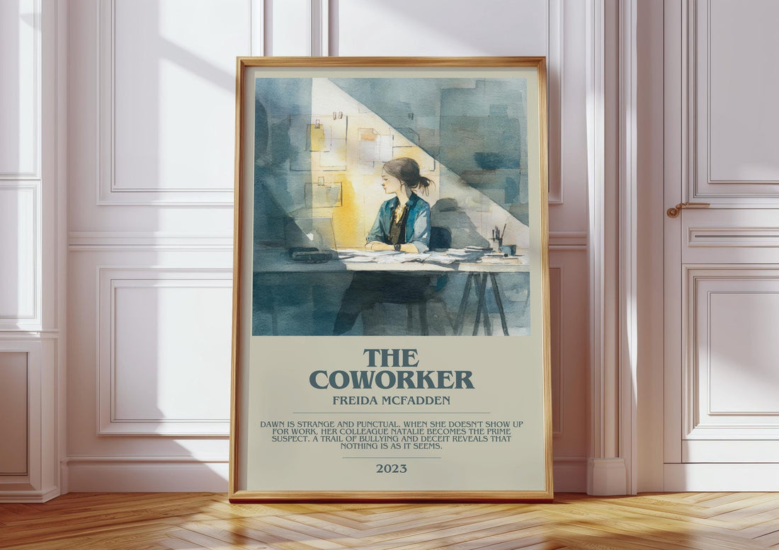 The Coworker bookish print in frame leaning in hallway – thriller wall art (mockup)
