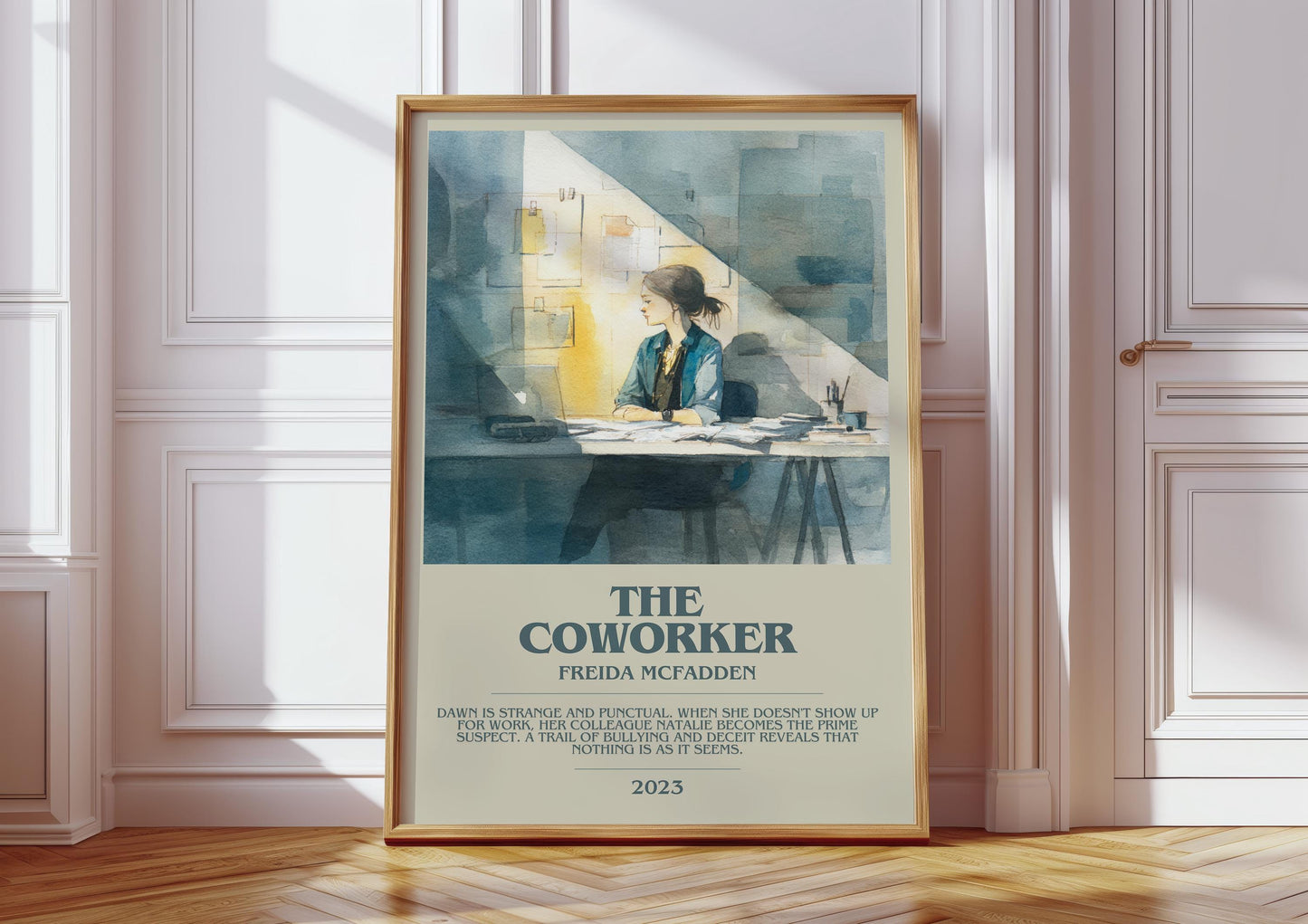 The Coworker bookish print in frame leaning in hallway – thriller wall art