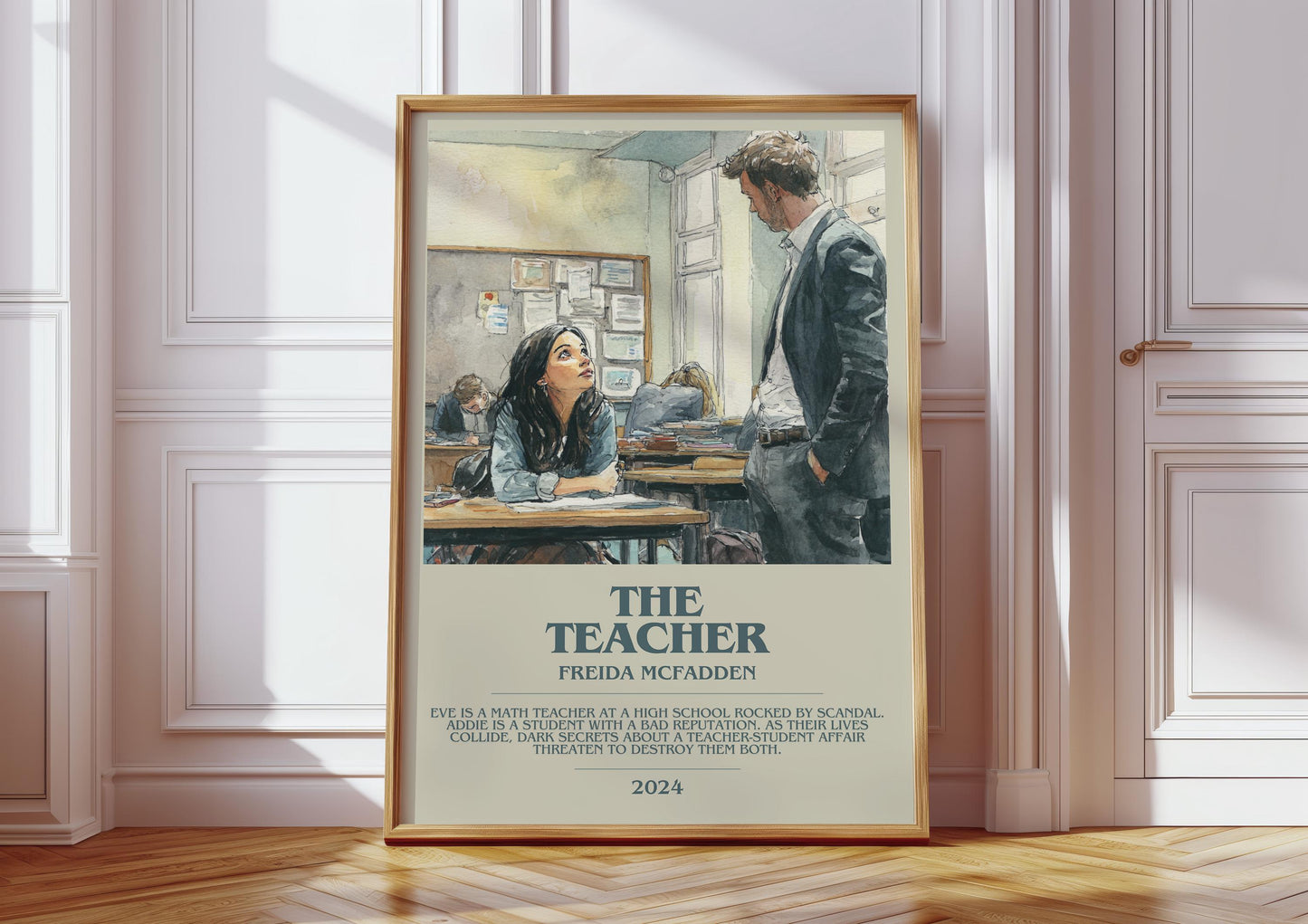 The Teacher bookish print in frame leaning in hallway – thriller wall art