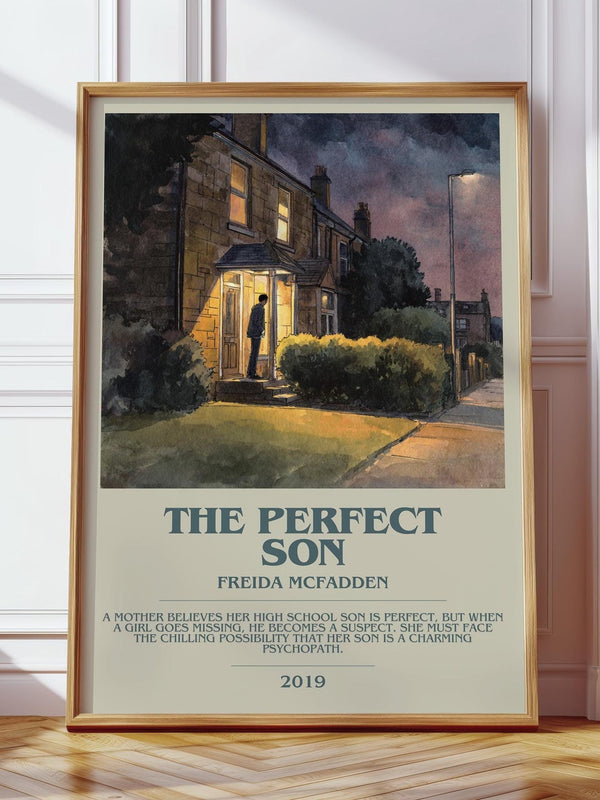 The Perfect Son bookish print in frame leaning in hallway – thriller wall art