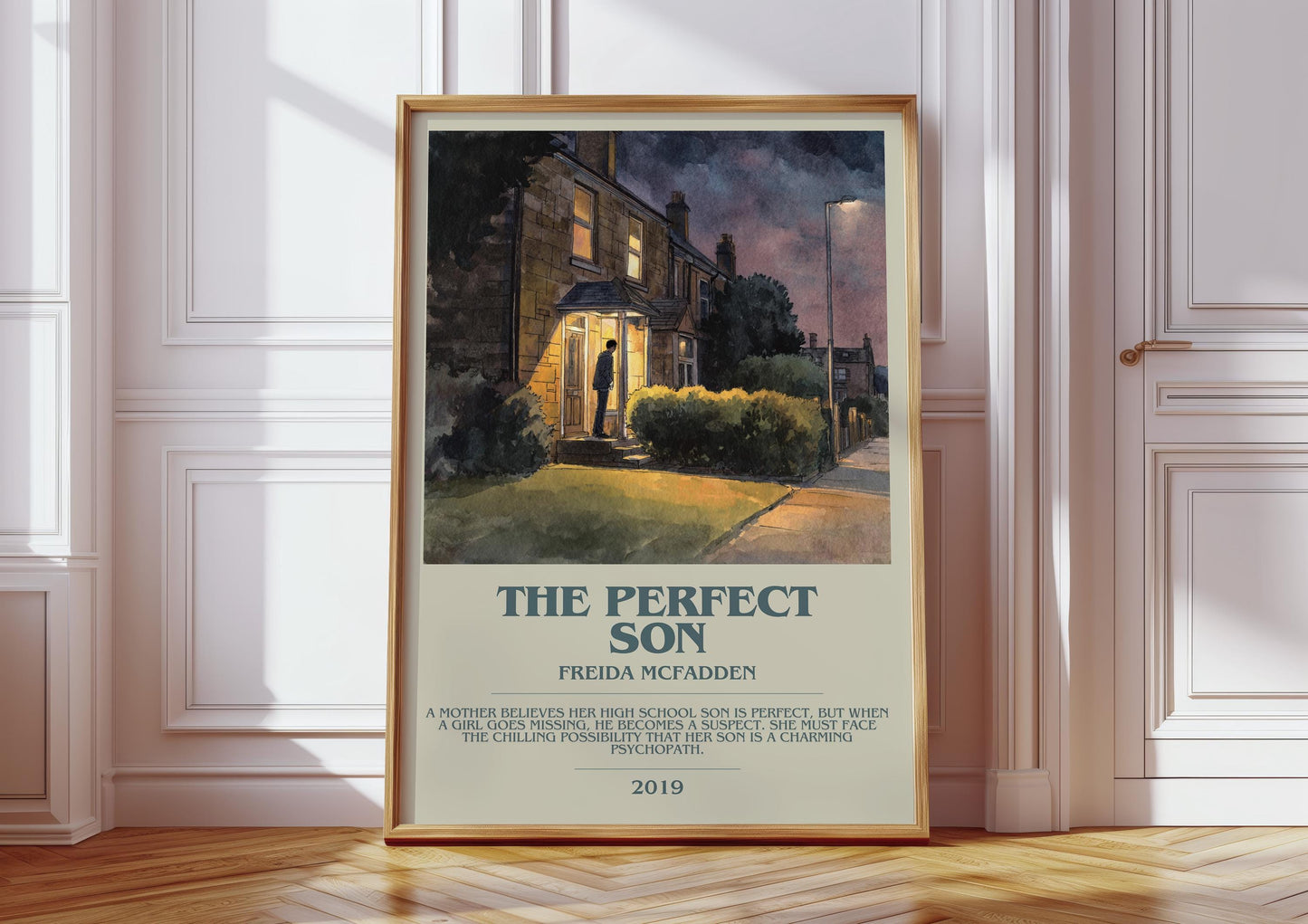 The Perfect Son bookish print in frame leaning in hallway – thriller wall art