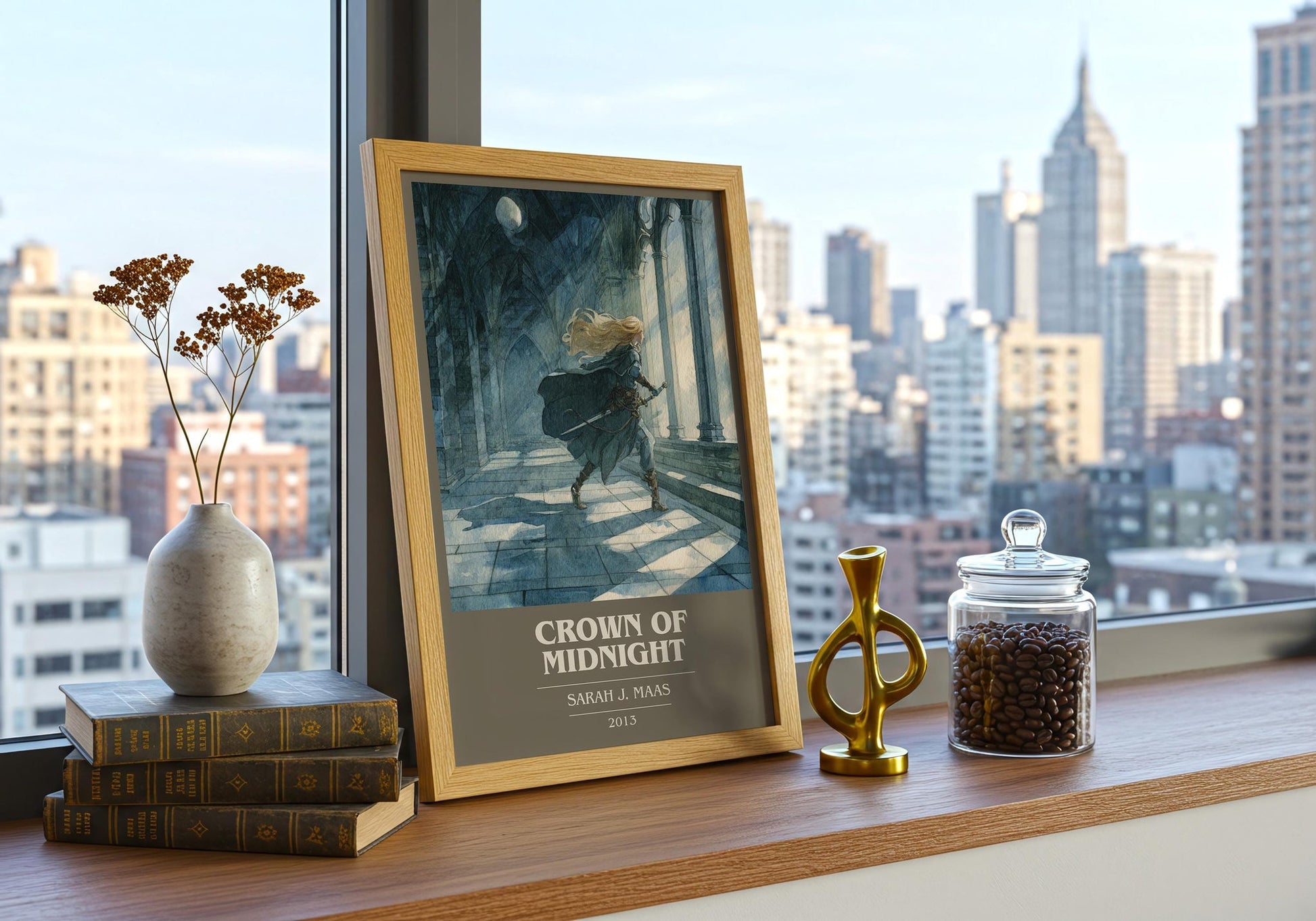 Crown of Midnight book cover print framed by window – literary home decor