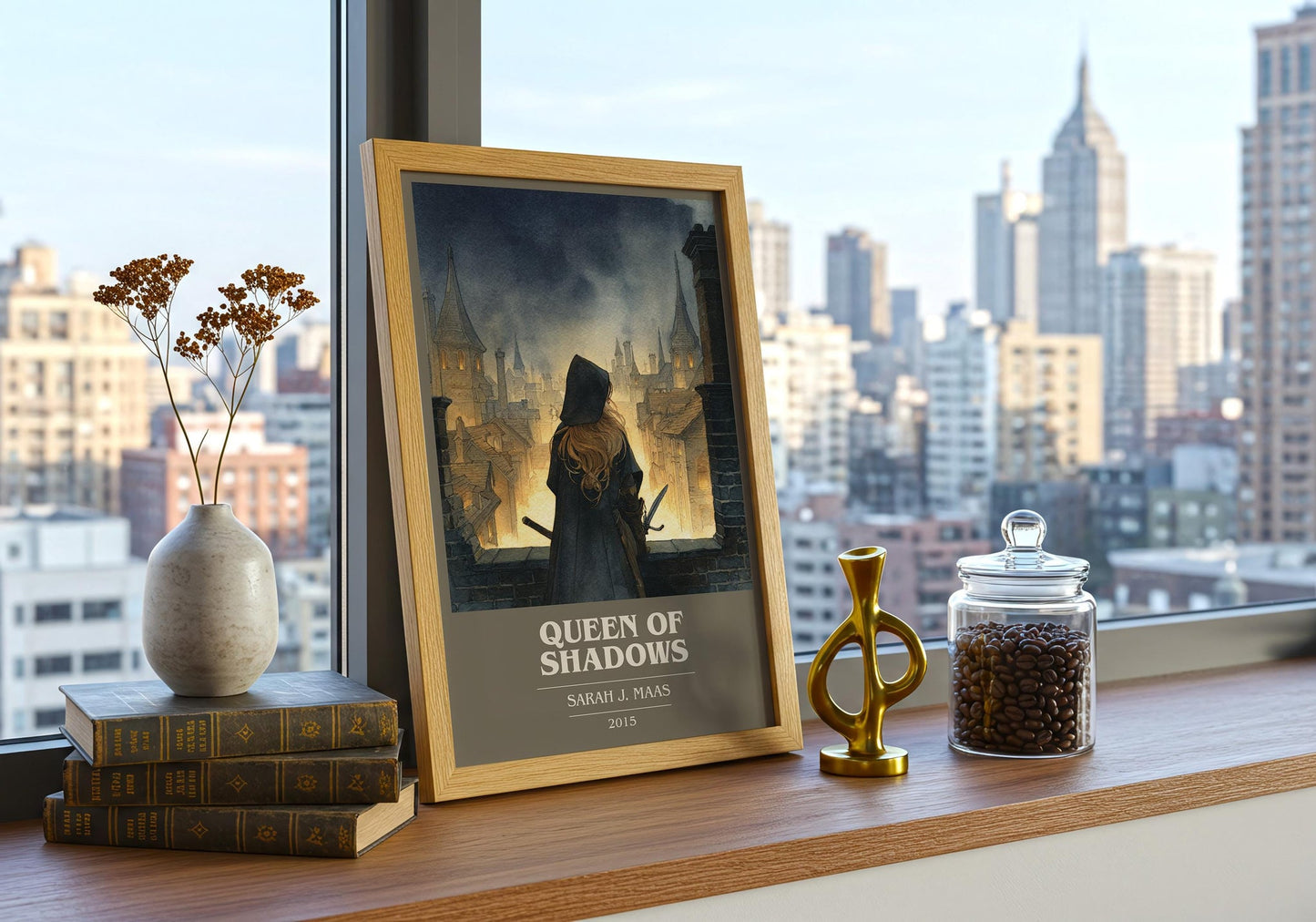 Queen of Shadows book cover print framed by window – literary home decor