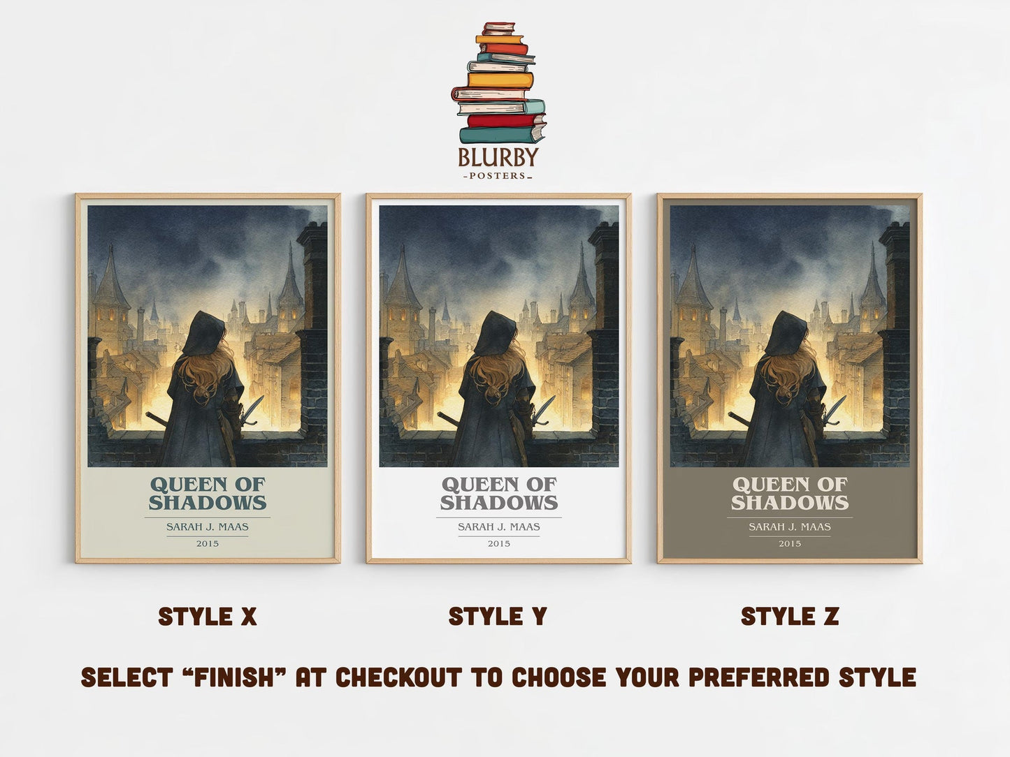 Queen of Shadows book cover print in frame leaning in hallway – fantasy wall art