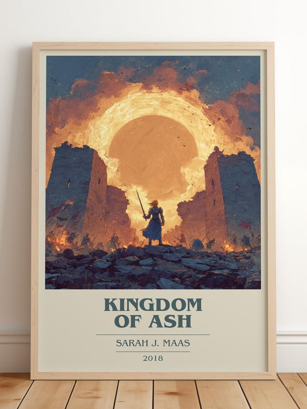 Kingdom of Ash book cover print in frame leaning in hallway – fantasy wall art
