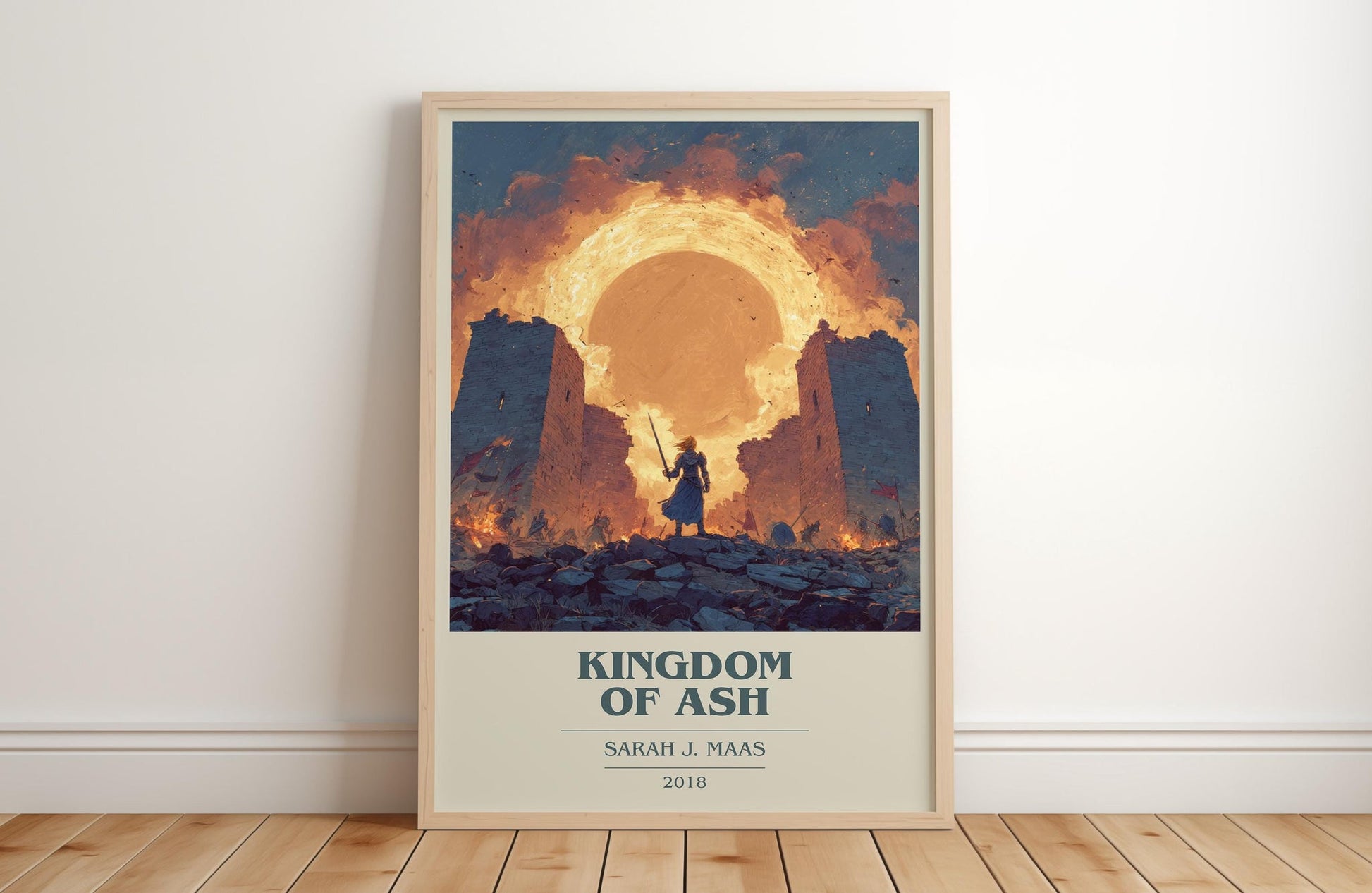 Kingdom of Ash book cover print in frame leaning in hallway – fantasy wall art