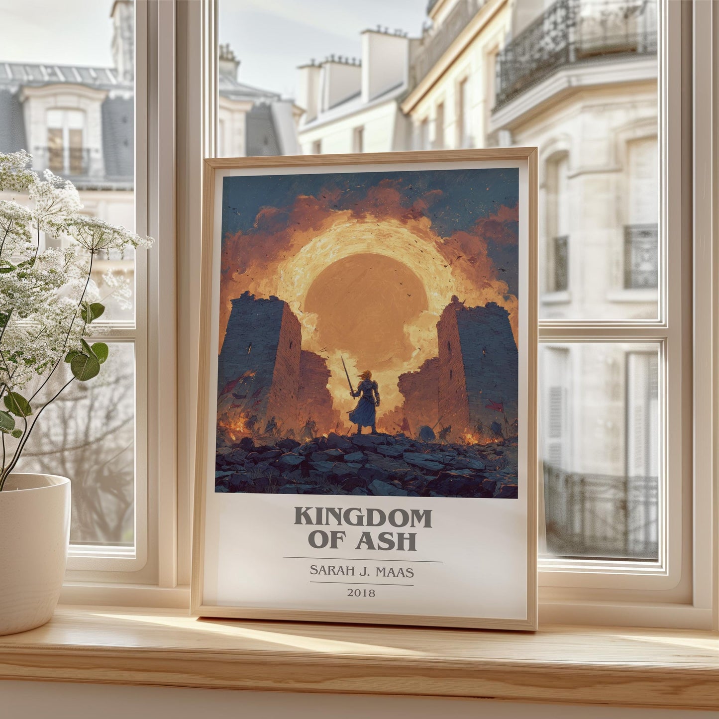 Kingdom of Ash book cover print framed by window – literary home decor