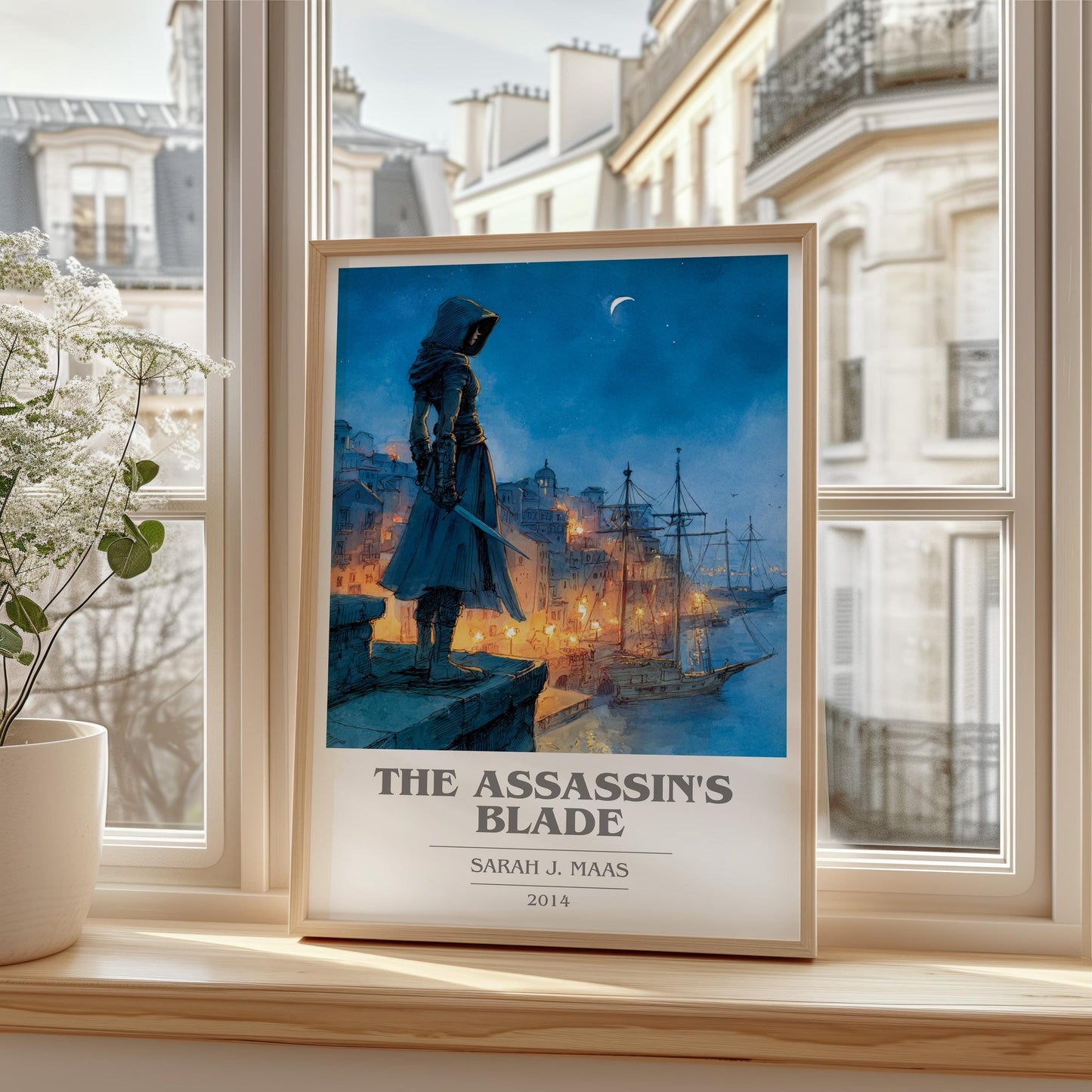 The Assassin's Blade book cover print framed by window – literary home decor