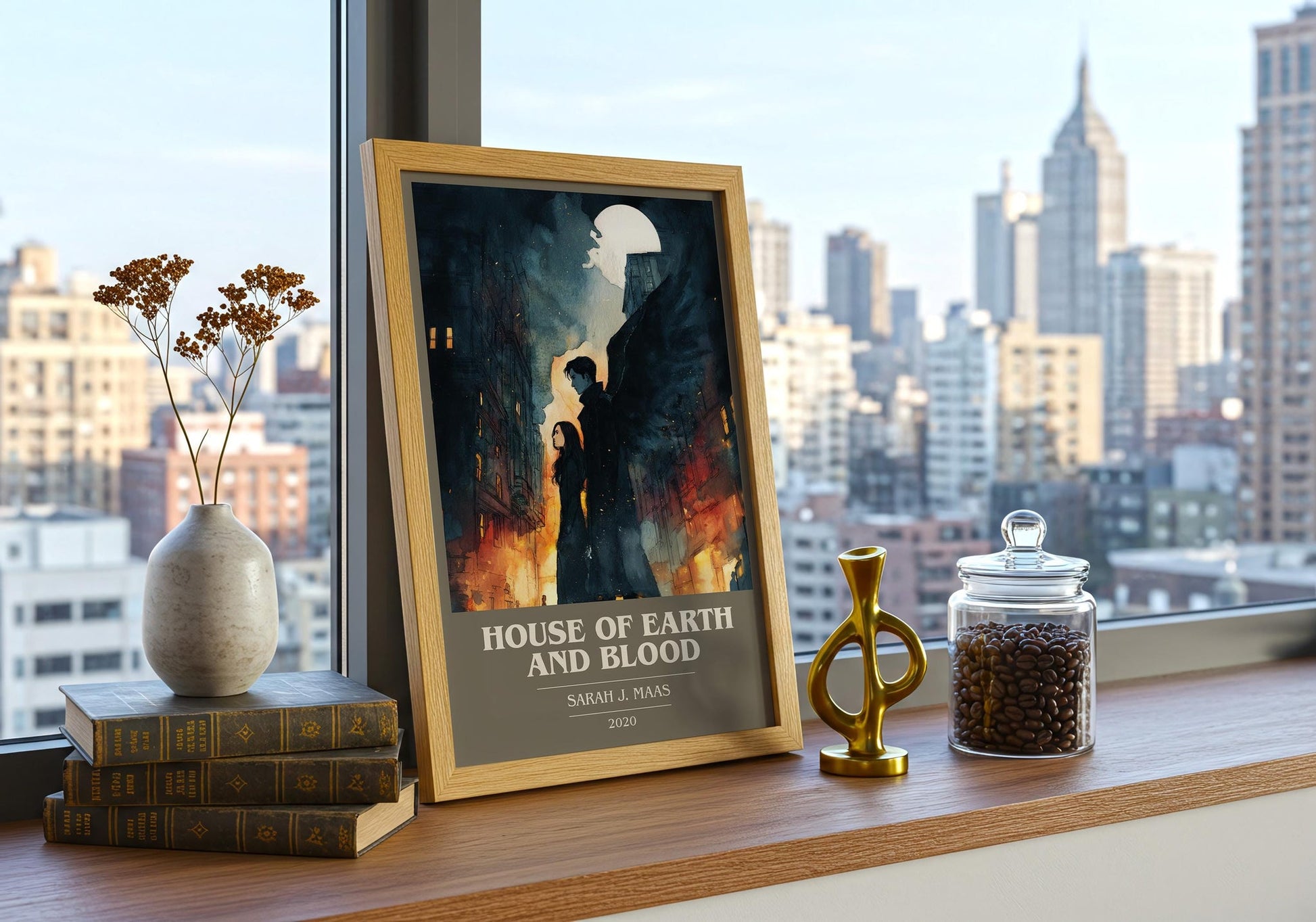 House of Earth and Blood book cover print framed by window – literary home decor