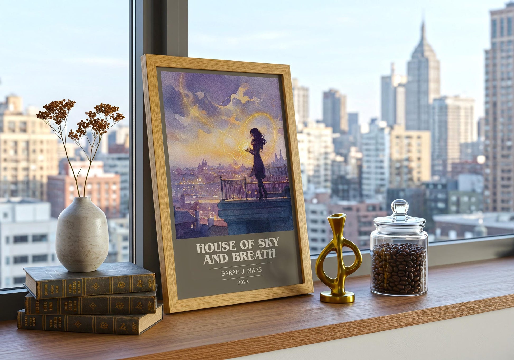 House of Sky and Breath book cover print framed by window – literary home decor