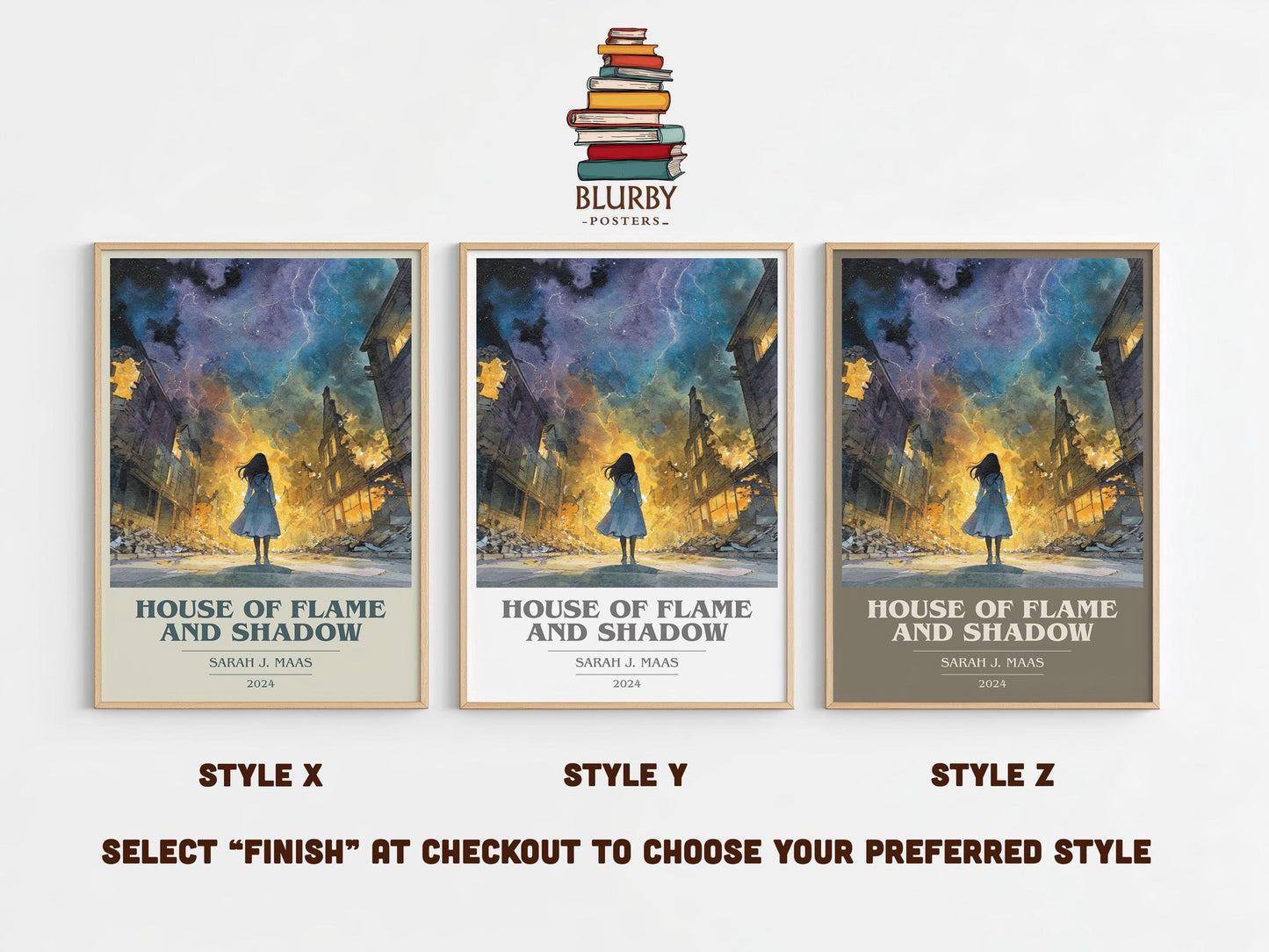 House Of Flame And Shadow book cover print in frame leaning in hallway – fantasy wall art
