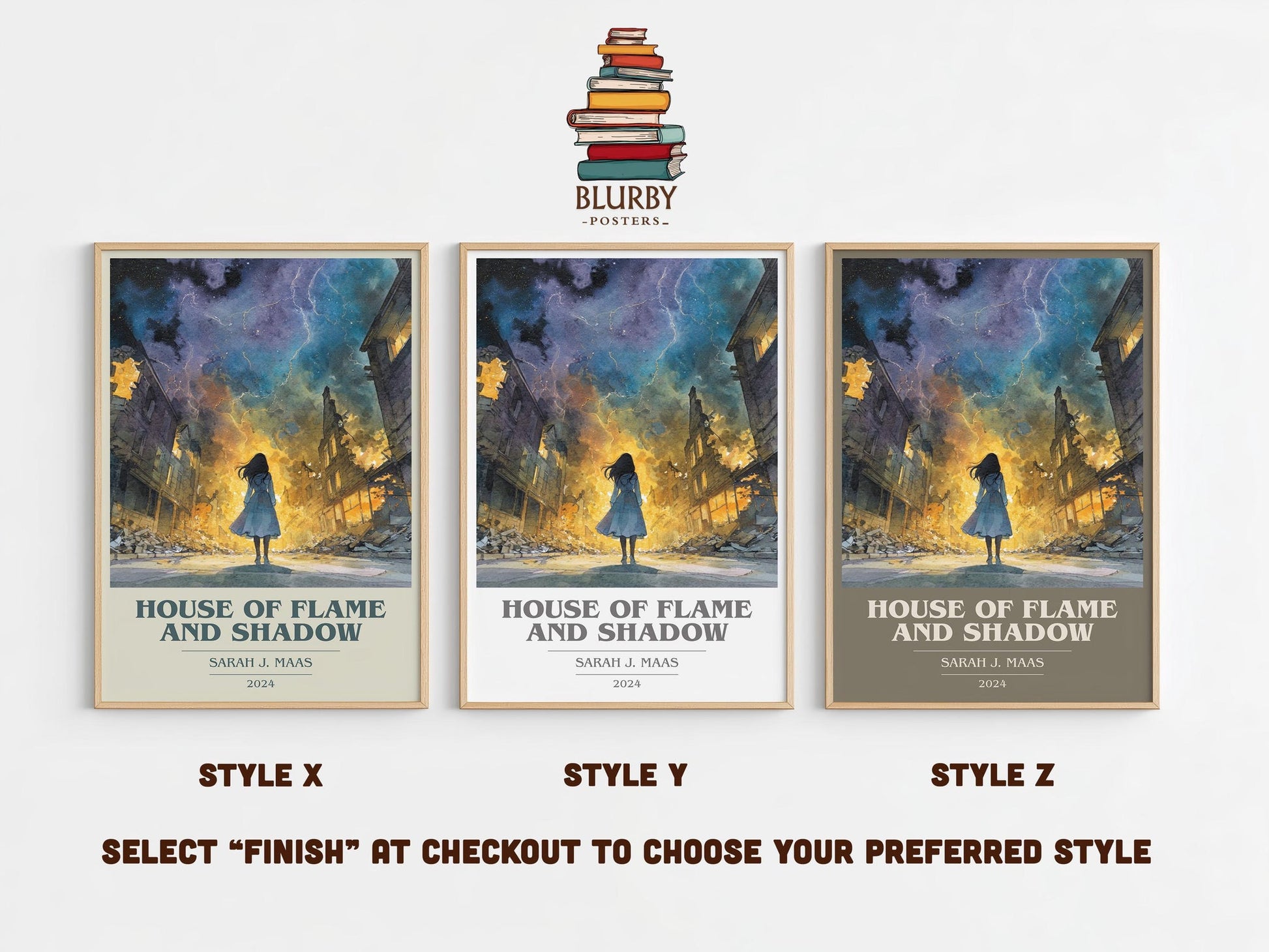 House Of Flame And Shadow book cover print in frame leaning in hallway – fantasy wall art