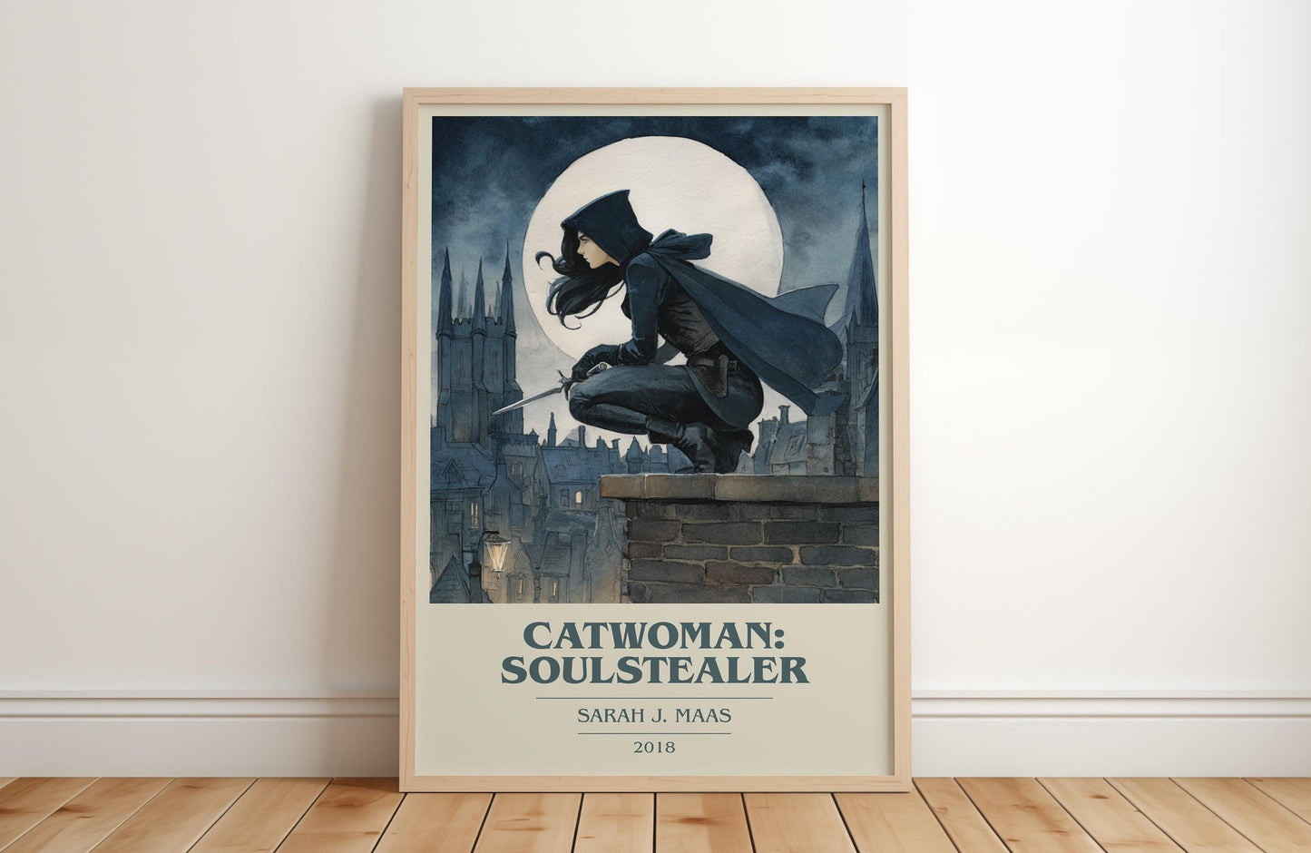 Catwoman: Soulstealer book cover print in frame leaning in hallway – fantasy wall art