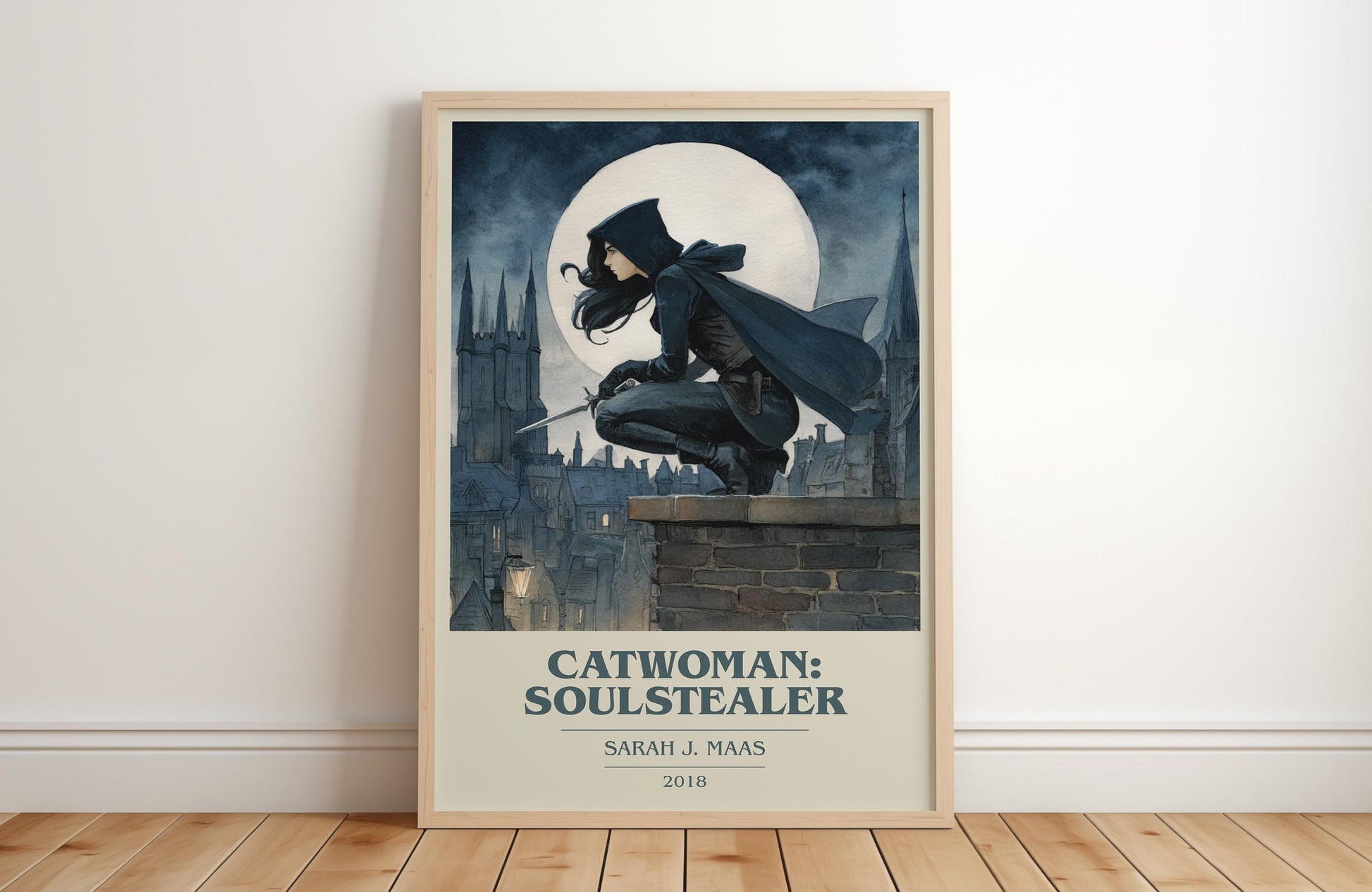 Catwoman: Soulstealer book cover print in frame leaning in hallway – fantasy wall art