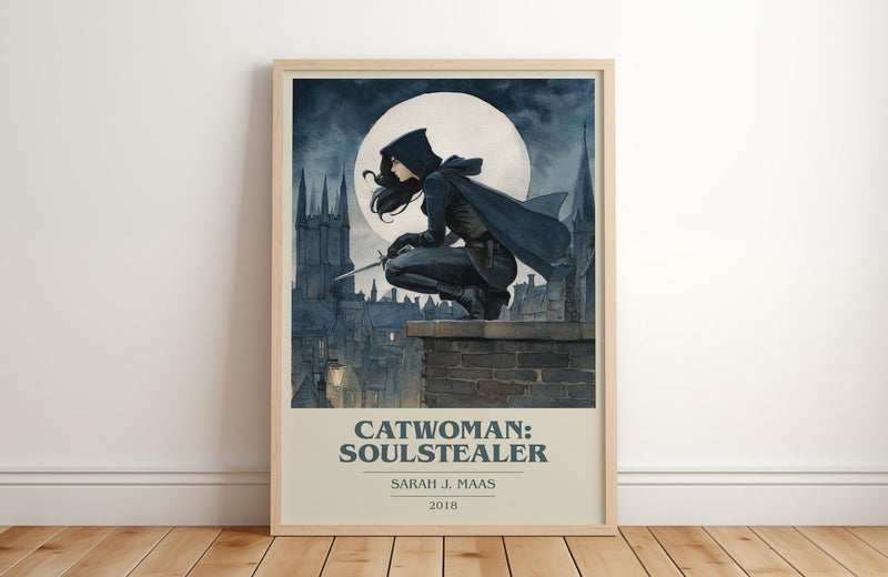 Catwoman: Soulstealer book cover print in frame leaning in hallway – fantasy wall art