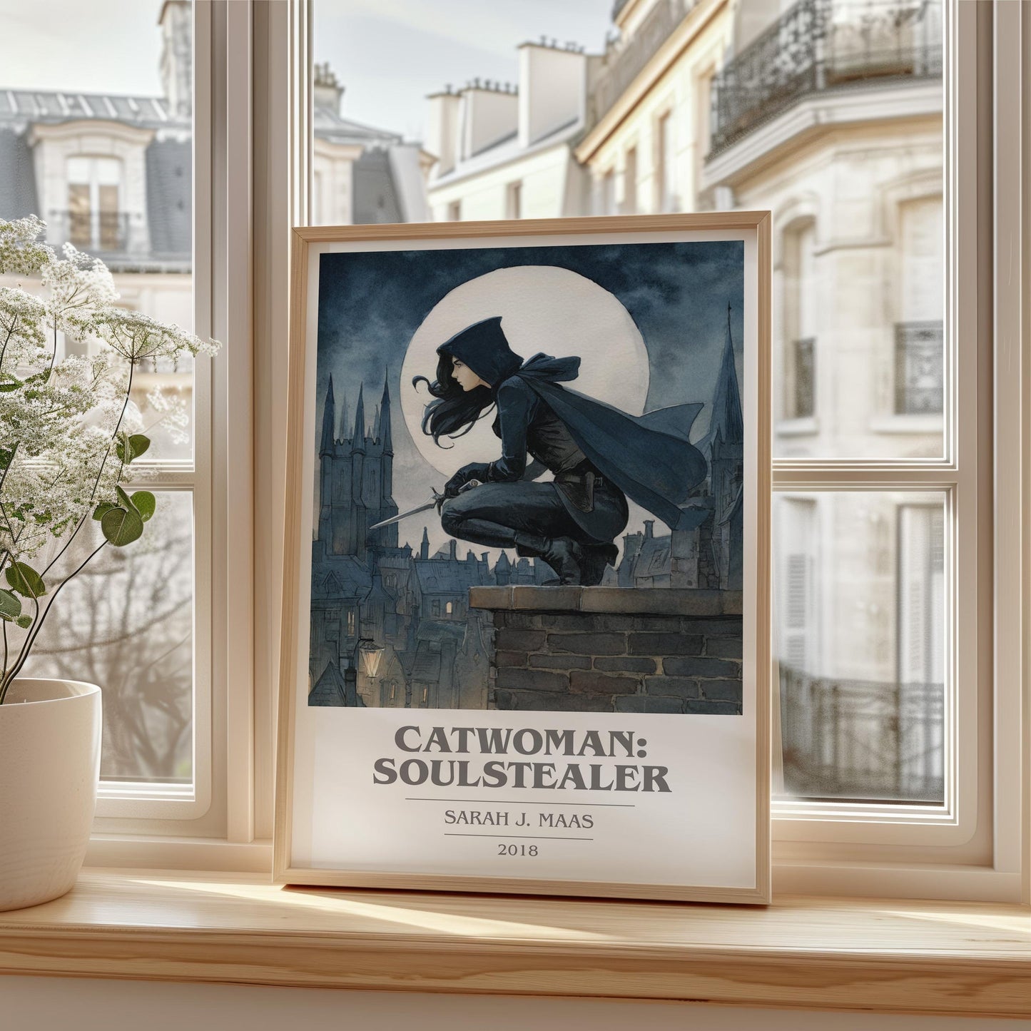 Catwoman: Soulstealer book cover print framed by window – literary home decor
