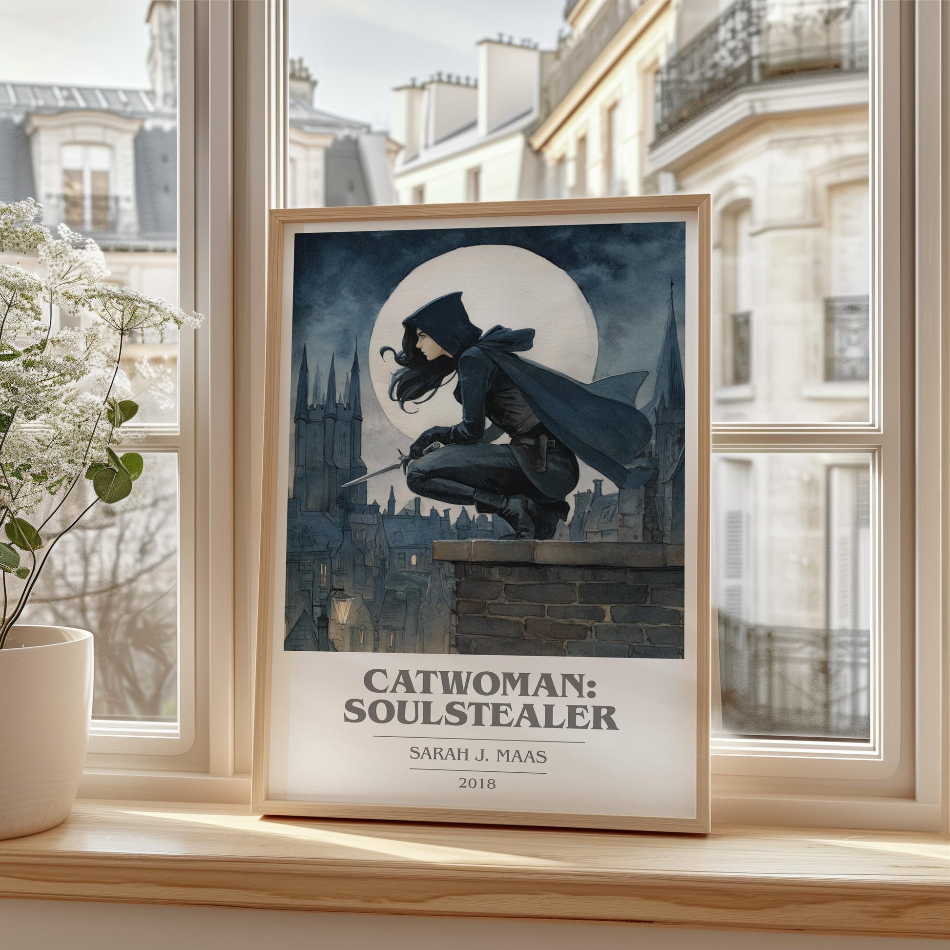 Catwoman: Soulstealer book cover print framed by window – literary home decor