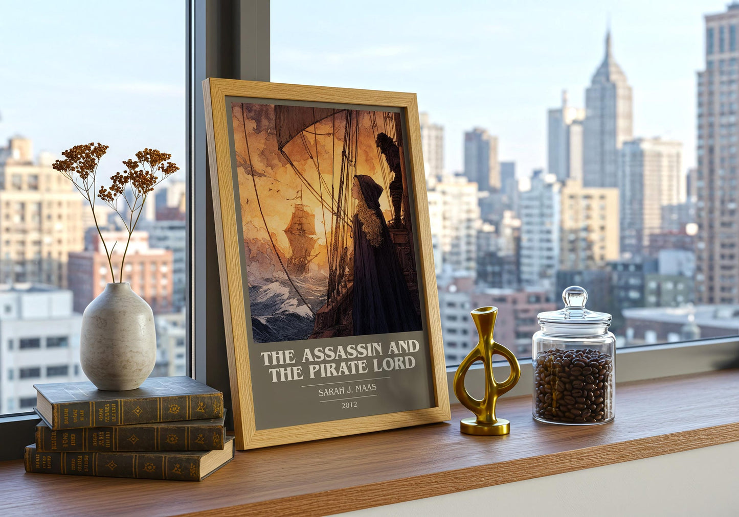 The Assassin And The Pirate Lord book cover print framed by window – literary home decor
