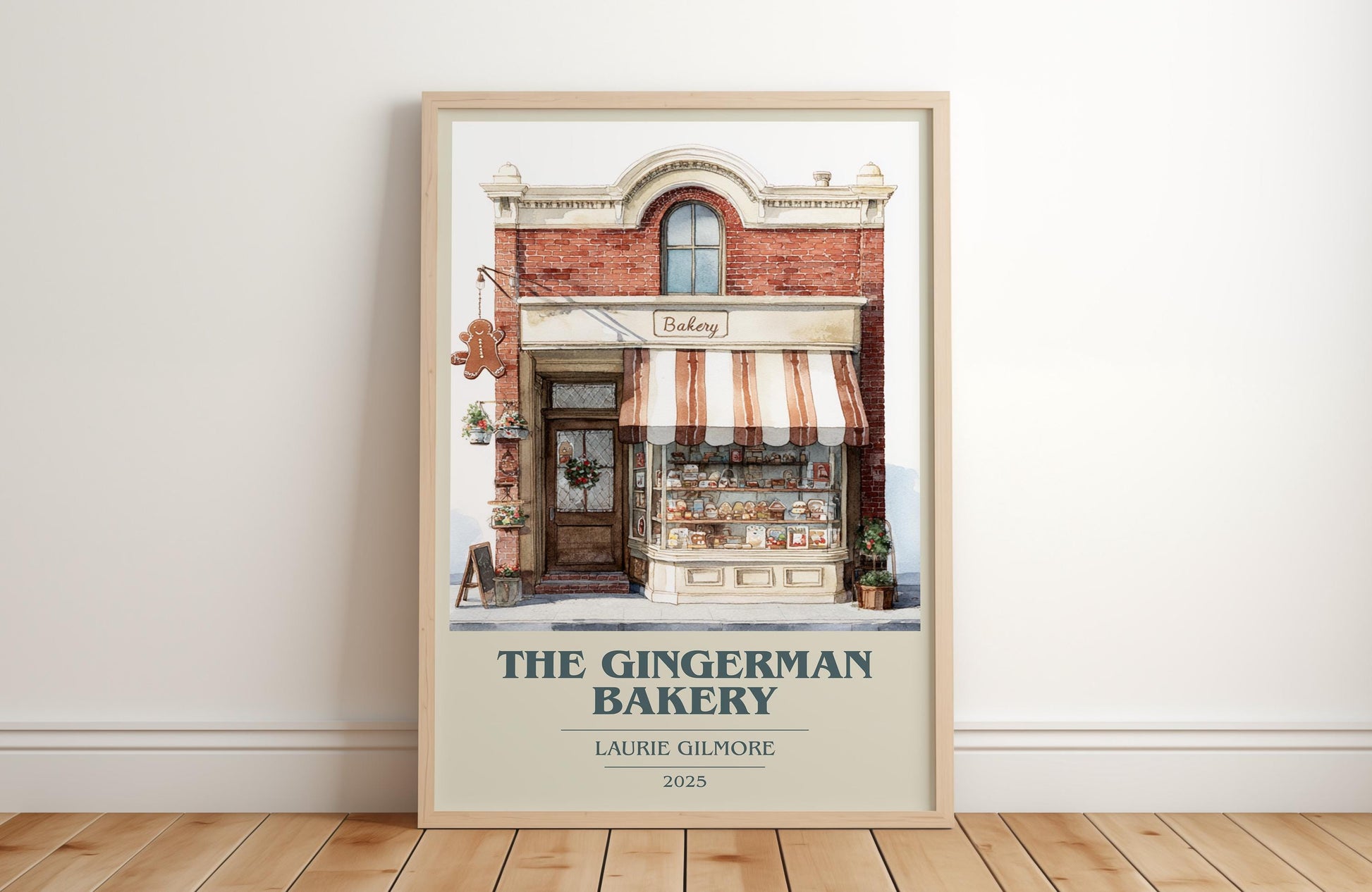 The Gingerman Bakery book cover print in frame leaning in hallway – romance wall art