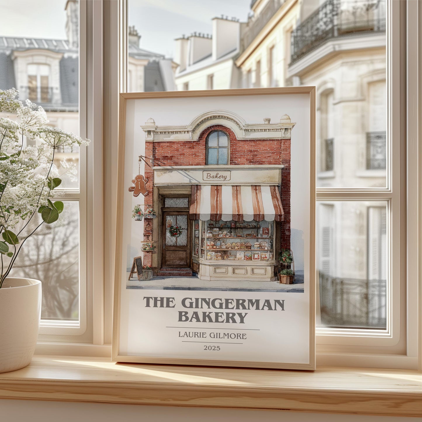 The Gingerman Bakery book cover print framed by window – literary home decor