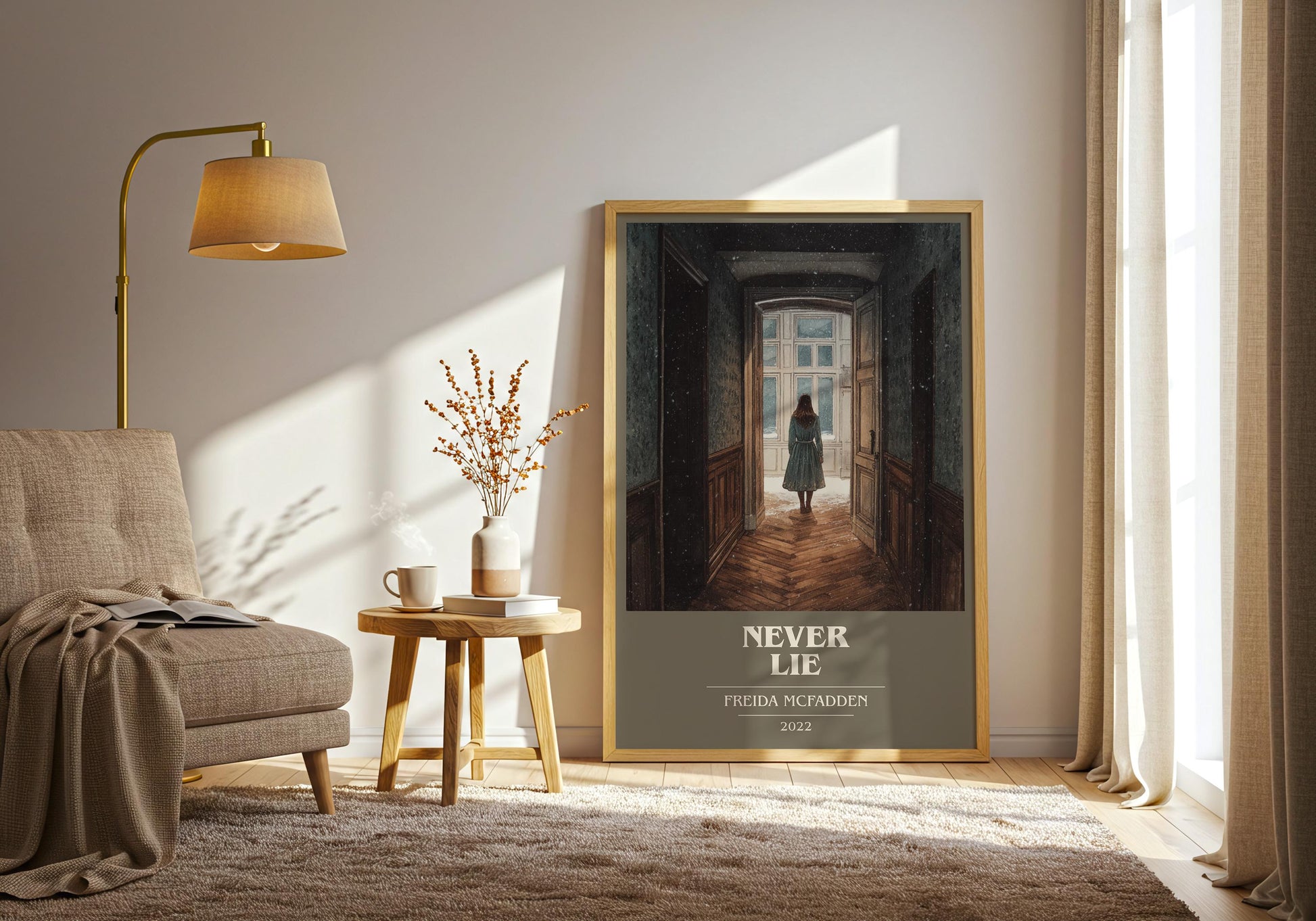 Never Lie book cover print on bookshelf – Freida McFadden fan gift