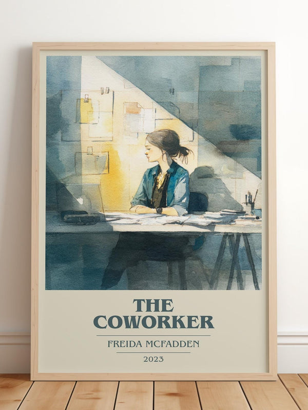 The Coworker book cover print in frame leaning in hallway – thriller wall art