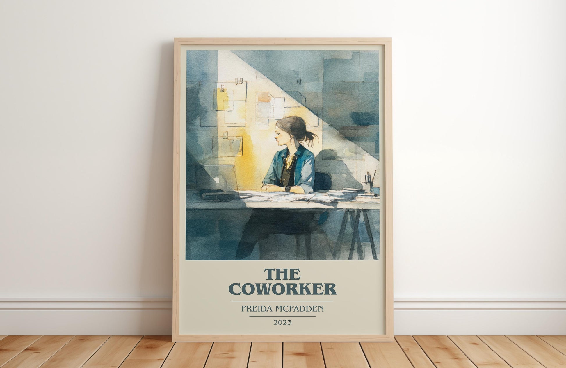 The Coworker book cover print in frame leaning in hallway – thriller wall art