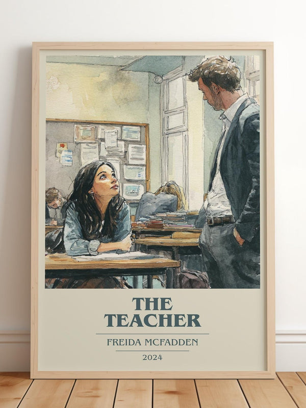 The Teacher book cover print in frame leaning in hallway – thriller wall art