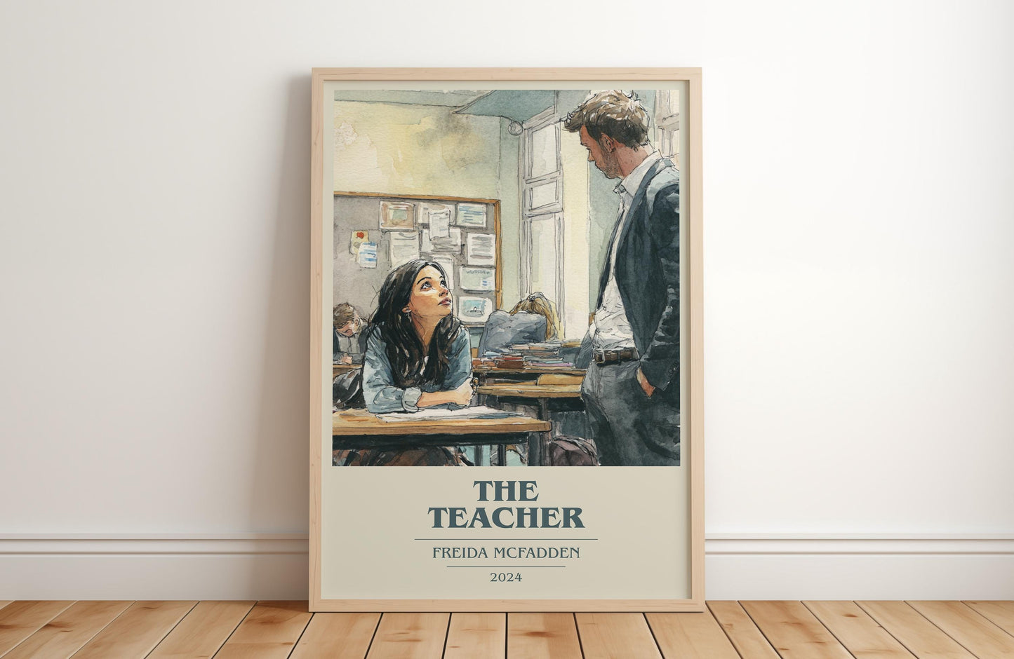 The Teacher book cover print in frame leaning in hallway – thriller wall art