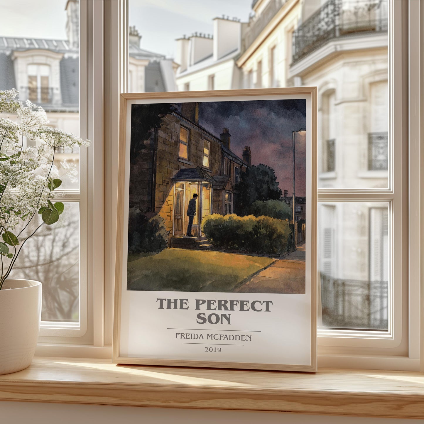 The Perfect Son book cover print framed by window – literary home decor