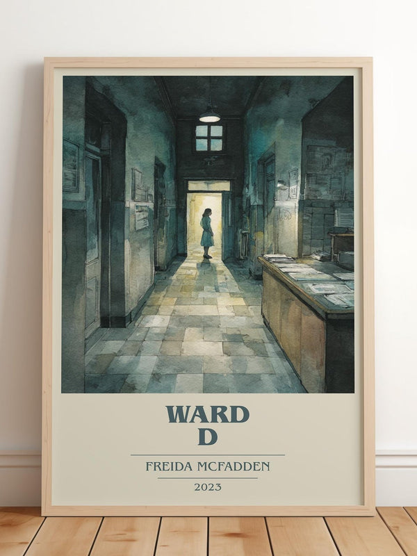 Ward D book cover print in frame leaning in hallway – thriller wall art
