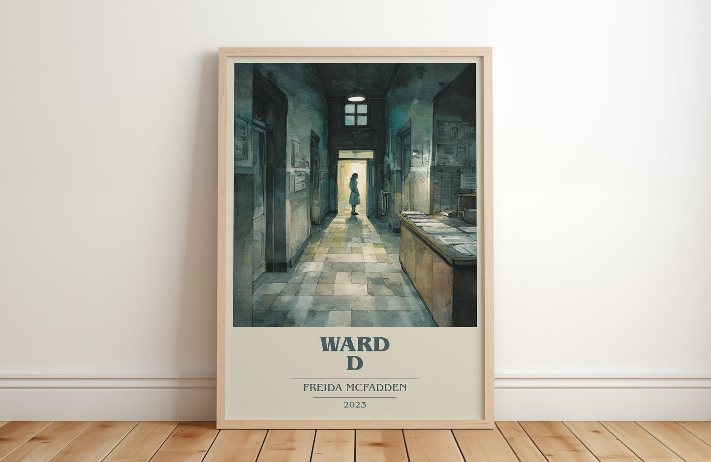 Ward D book cover print in frame leaning in hallway – thriller wall art