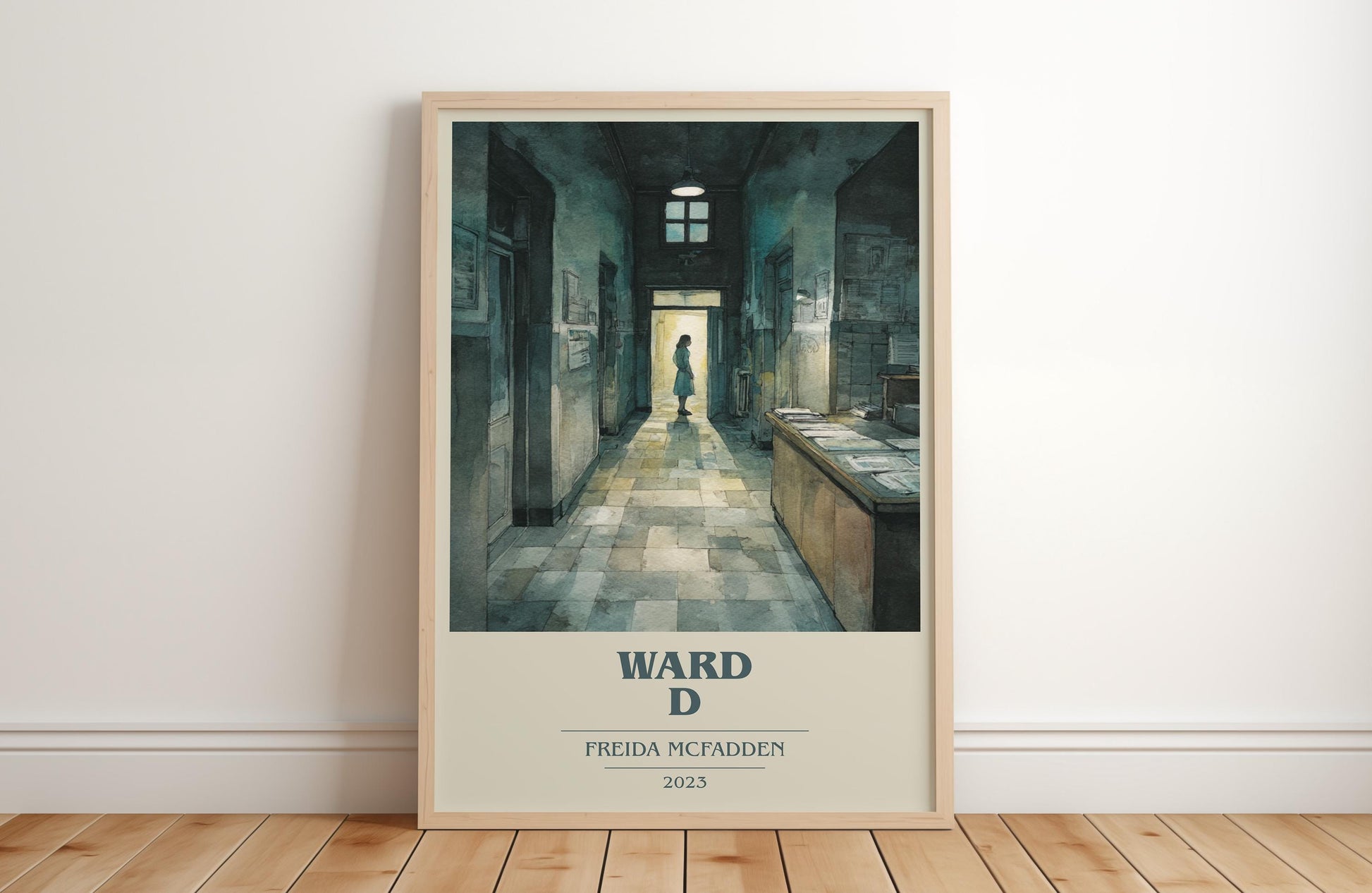 Ward D book cover print in frame leaning in hallway – thriller wall art