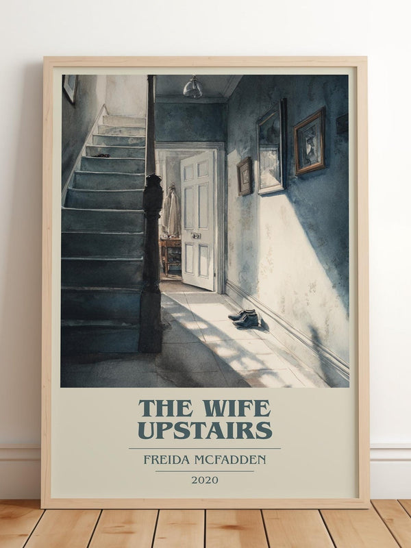 The Wife Upstairs book cover print in frame leaning in hallway – thriller wall art