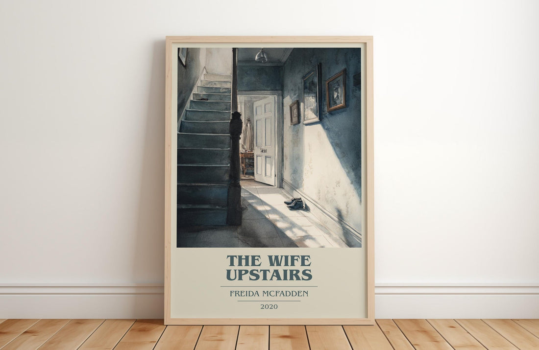 The Wife Upstairs book cover print in frame leaning in hallway – thriller wall art (mockup)