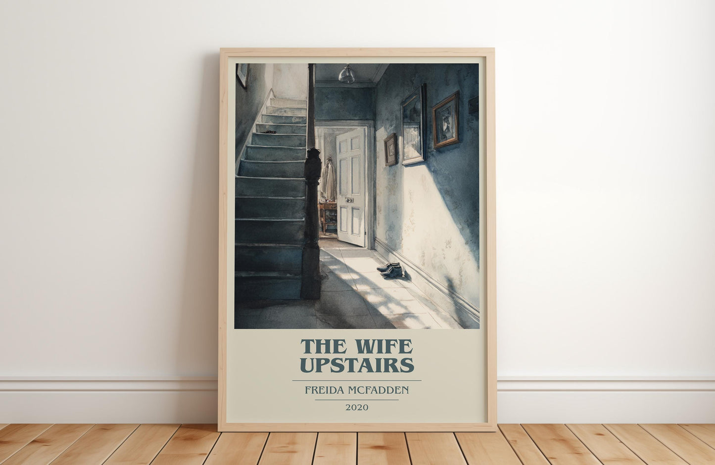 The Wife Upstairs book cover print in frame leaning in hallway – thriller wall art