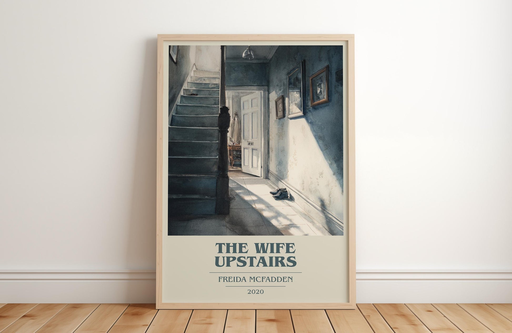 The Wife Upstairs book cover print in frame leaning in hallway – thriller wall art