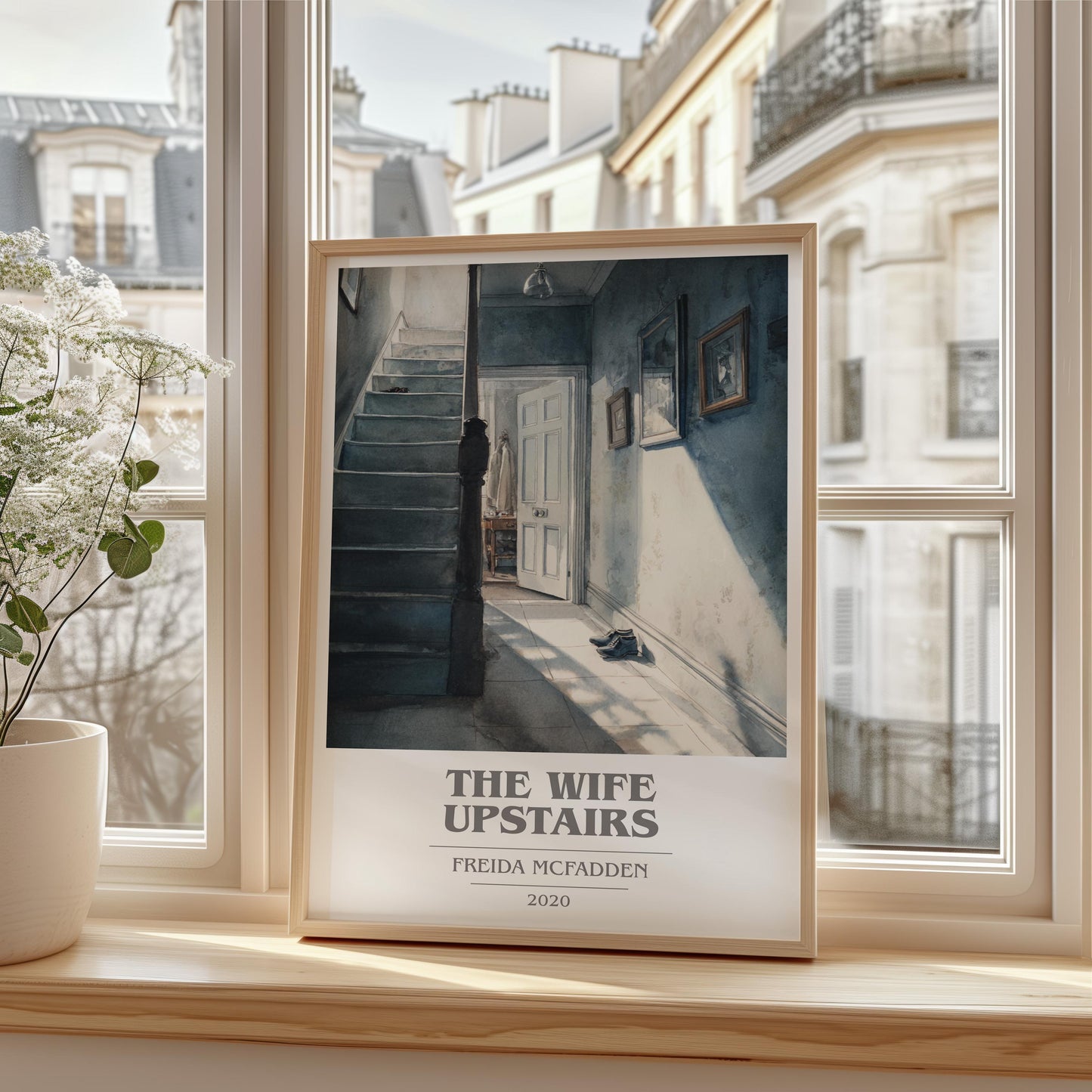 The Wife Upstairs book cover print framed by window – literary home decor
