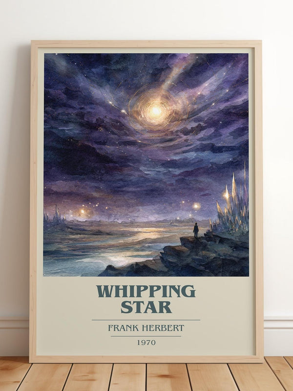 Whipping Star book cover print in frame leaning in hallway – sci fi wall art